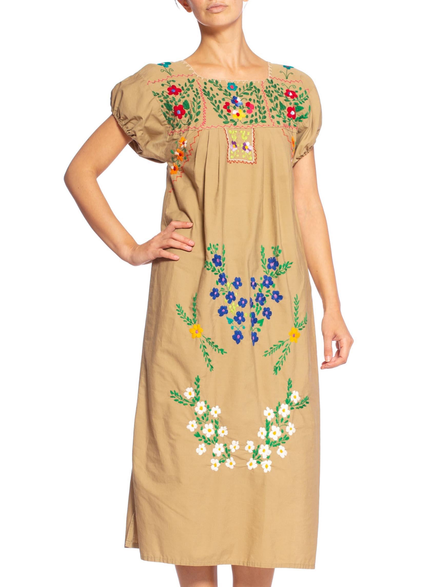 1970's Mexican Cotton Dress Covered In Hand Embroidered Flowers
