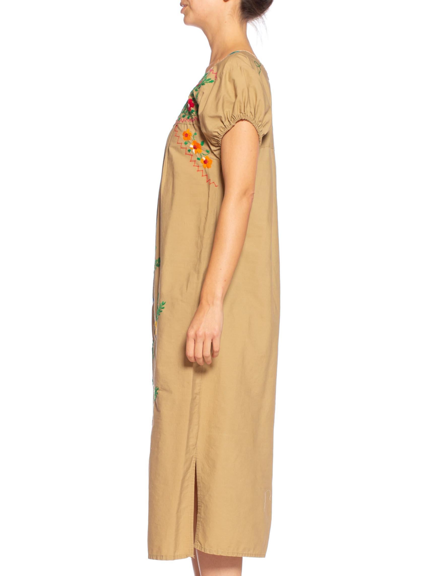 Beige 1970'S Mexican Cotton Dress Covered In Hand Embroidered Flowers