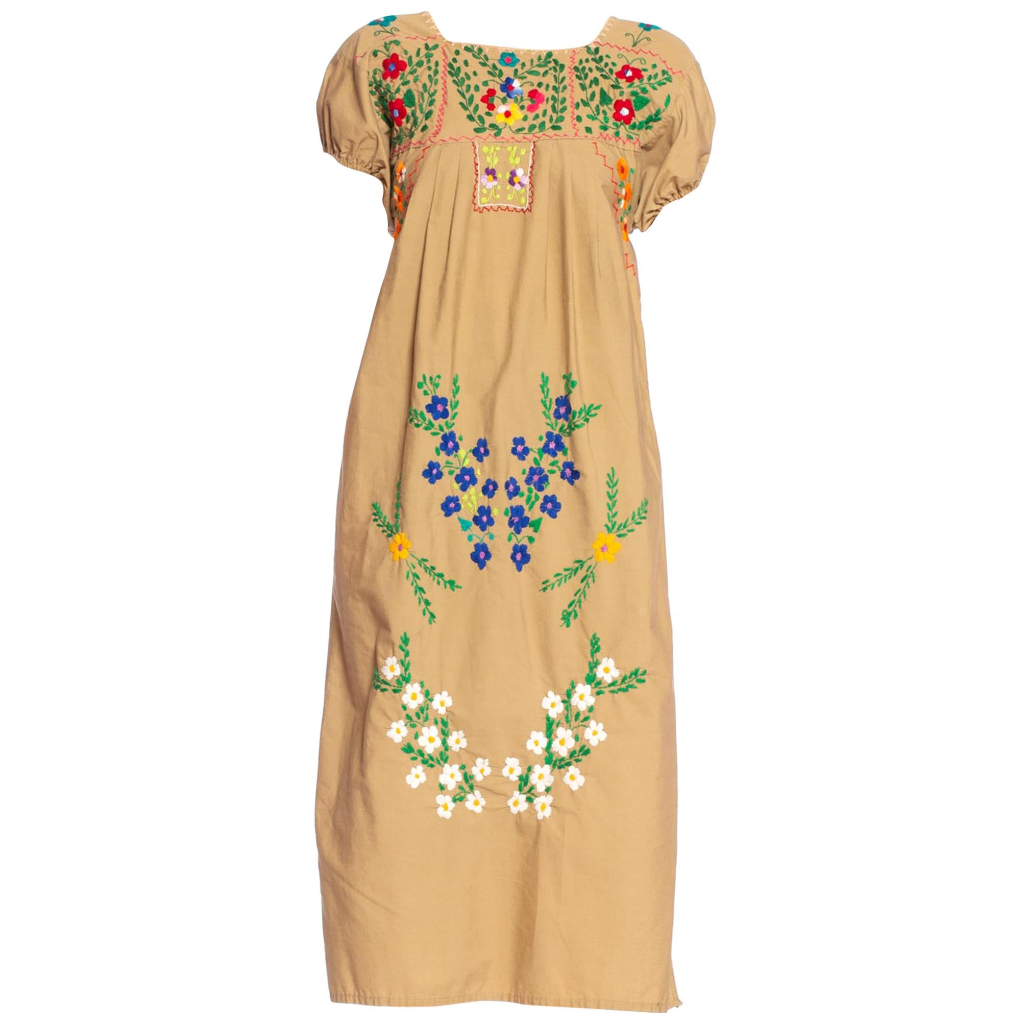 1970'S Mexican Cotton Dress Covered In Hand Embroidered Flowers