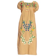 Vintage 1970'S Mexican Cotton Dress Covered In Hand Embroidered Flowers