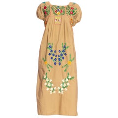 1970'S Mexican Cotton Dress Covered In Hand Embroidered Flowers