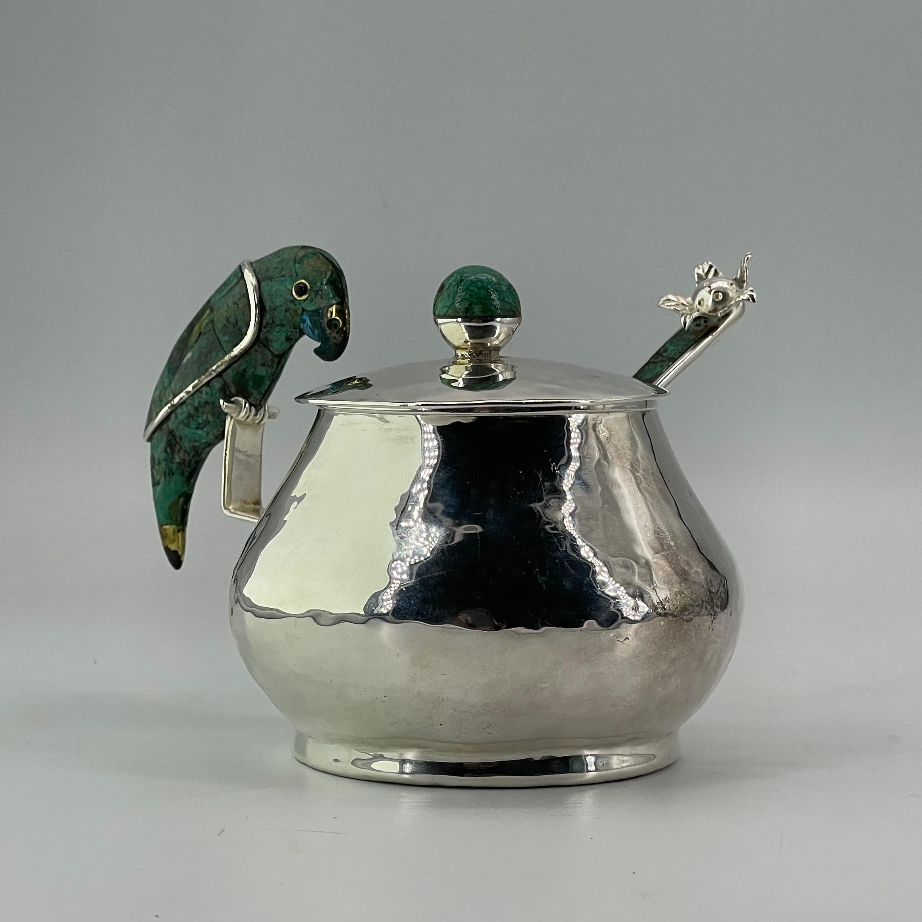 Mid-Century Modern 1970s Mexican Emilia Castillo Parrot Sugar Spice Bowl Flower Spoon Vintage MCM