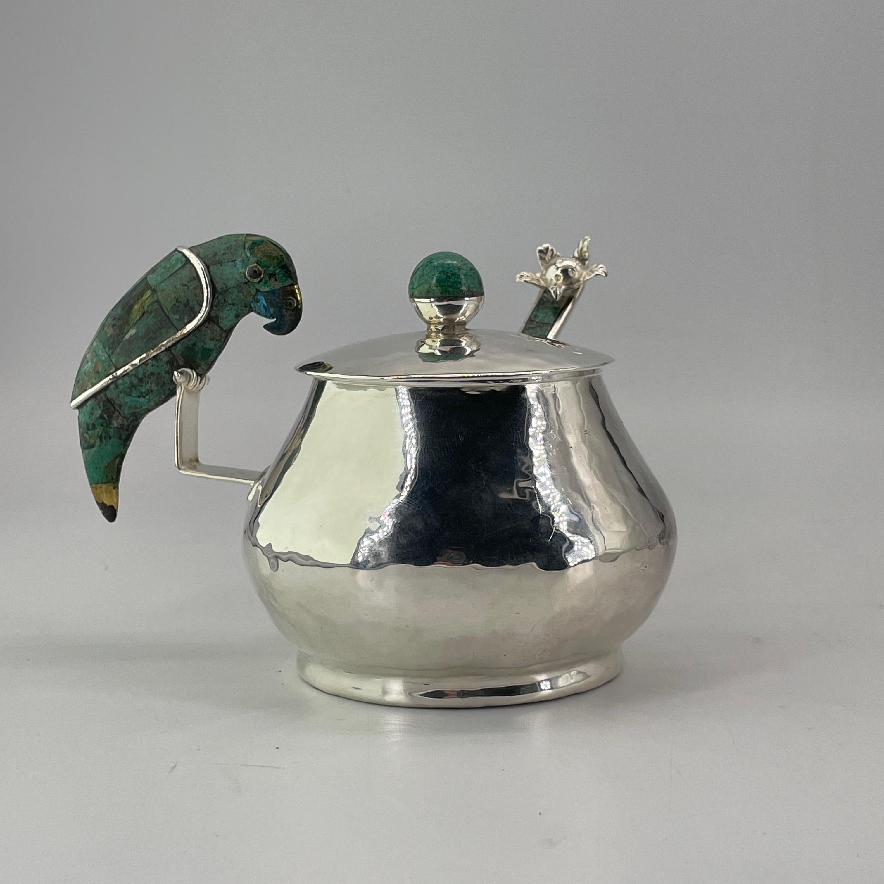 1970s Mexican Emilia Castillo Parrot Sugar Spice Bowl Flower Spoon Vintage MCM In Fair Condition In Hyattsville, MD