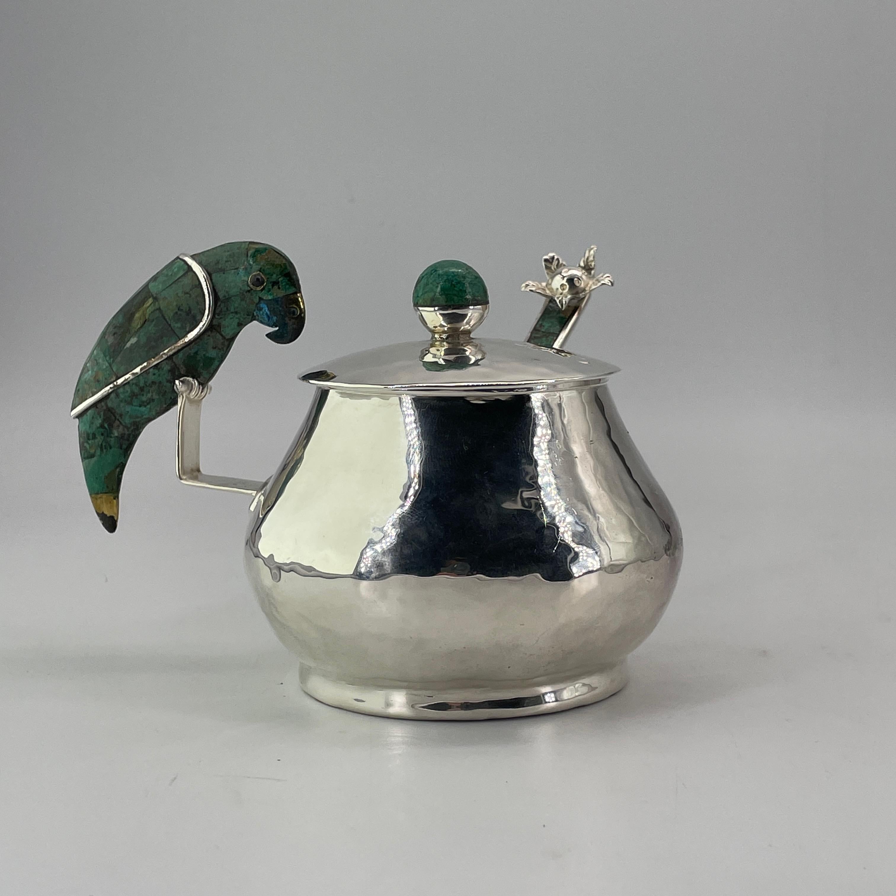 Late 20th Century 1970s Mexican Emilia Castillo Parrot Sugar Spice Bowl Flower Spoon Vintage MCM