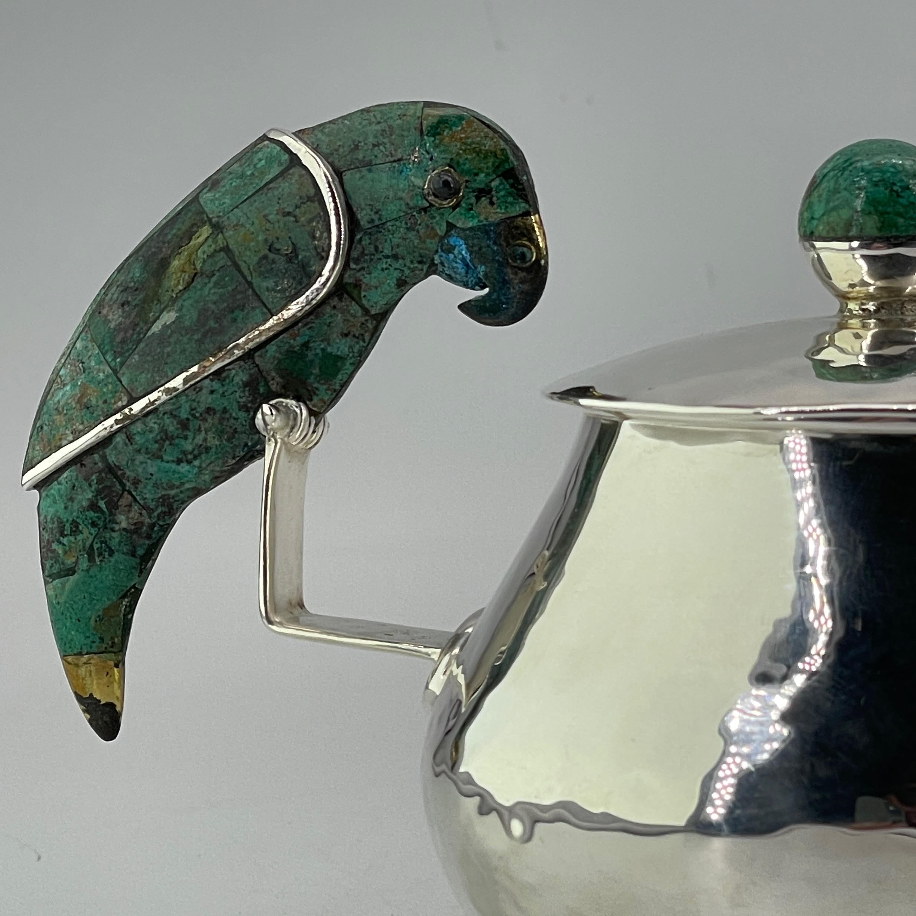 Silver 1970s Mexican Emilia Castillo Parrot Sugar Spice Bowl Flower Spoon Vintage MCM