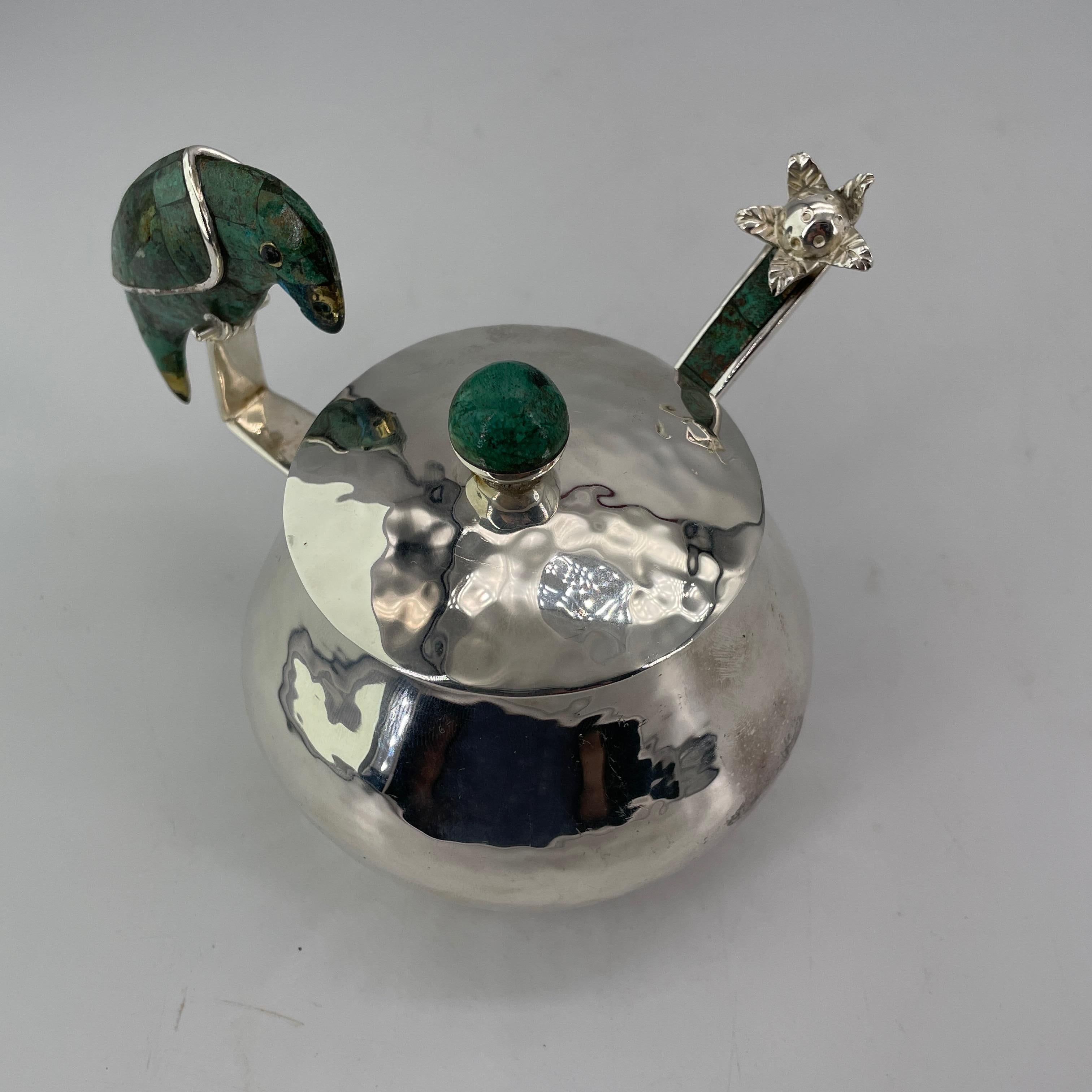 1970s Mexican Emilia Castillo Parrot Sugar Spice Bowl Flower Spoon Vintage MCM 1