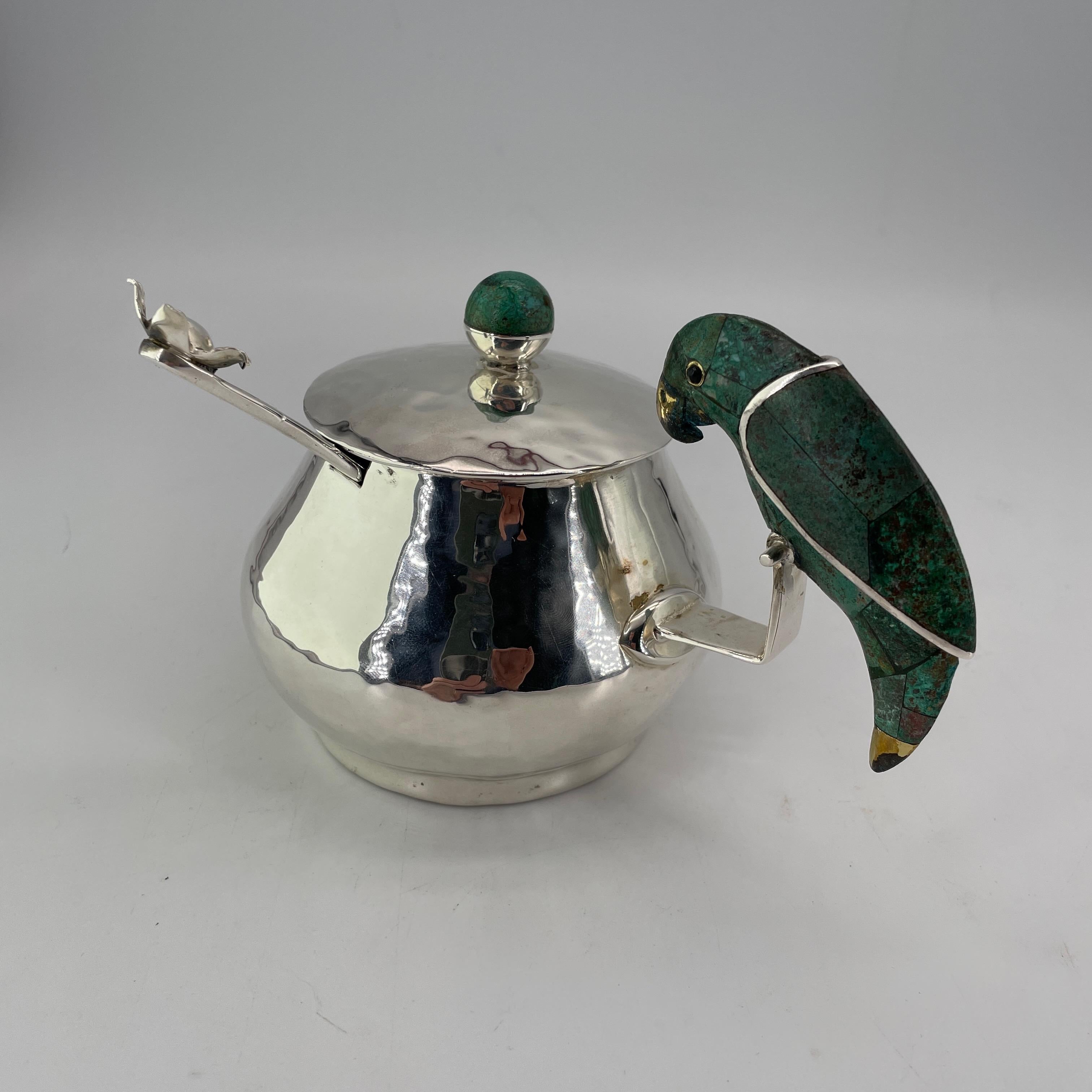 1970s Mexican Emilia Castillo Parrot Sugar Spice Bowl Flower Spoon Vintage MCM 3