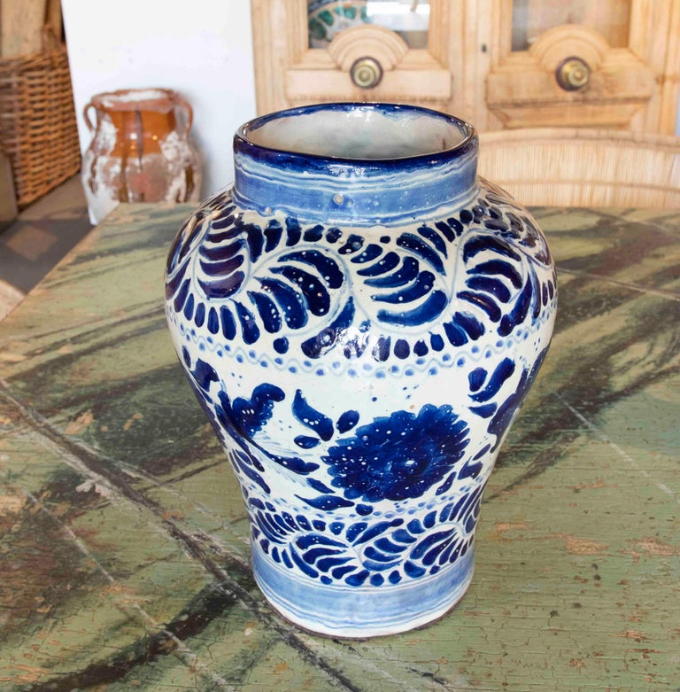 1970s Mexican Glazed Ceramic Vase in Blue Tones from Puebla For Sale at 1stDibs