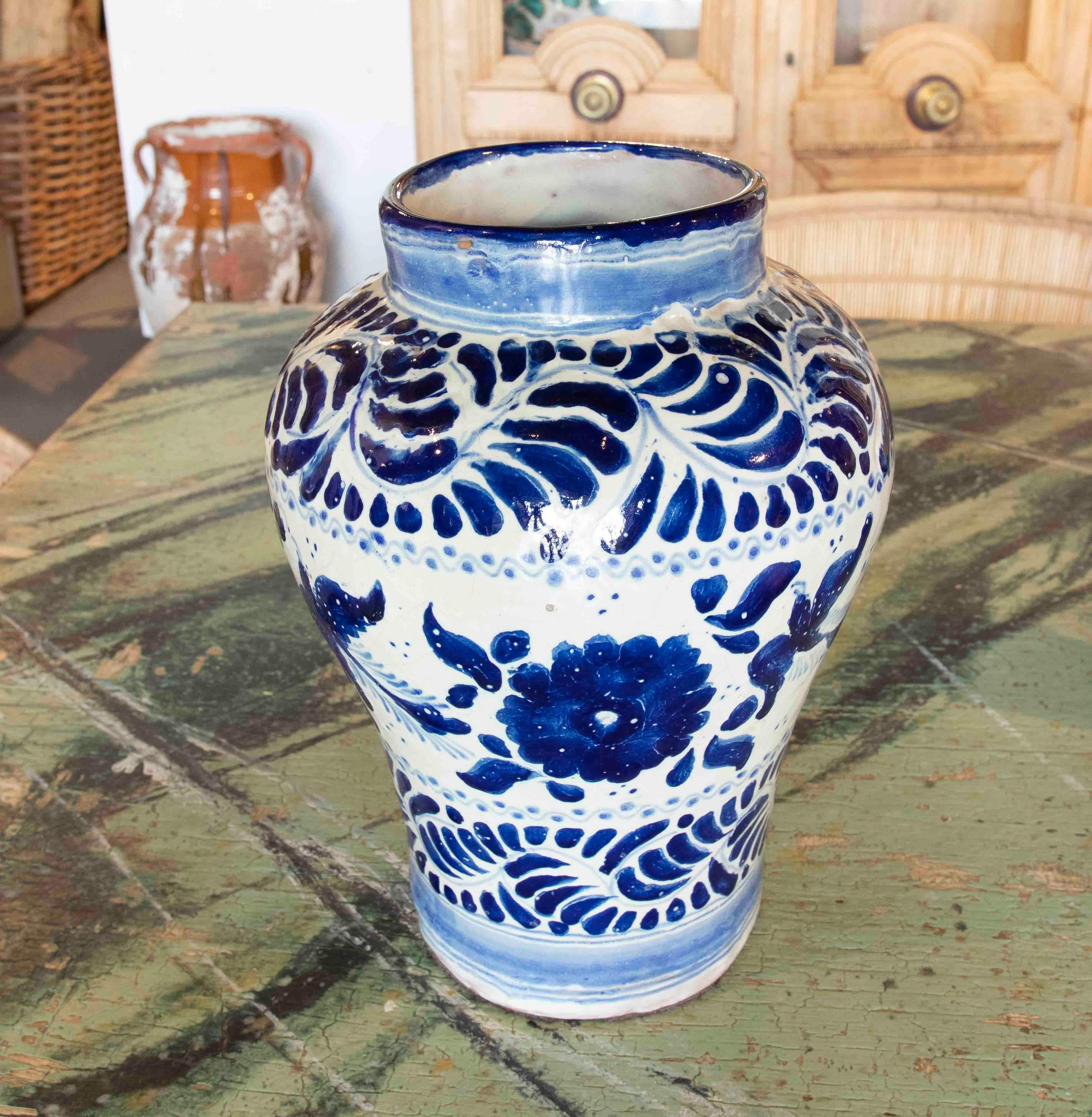 20th Century 1970s Mexican Glazed Ceramic Vase in Blue Tones from Puebla For Sale