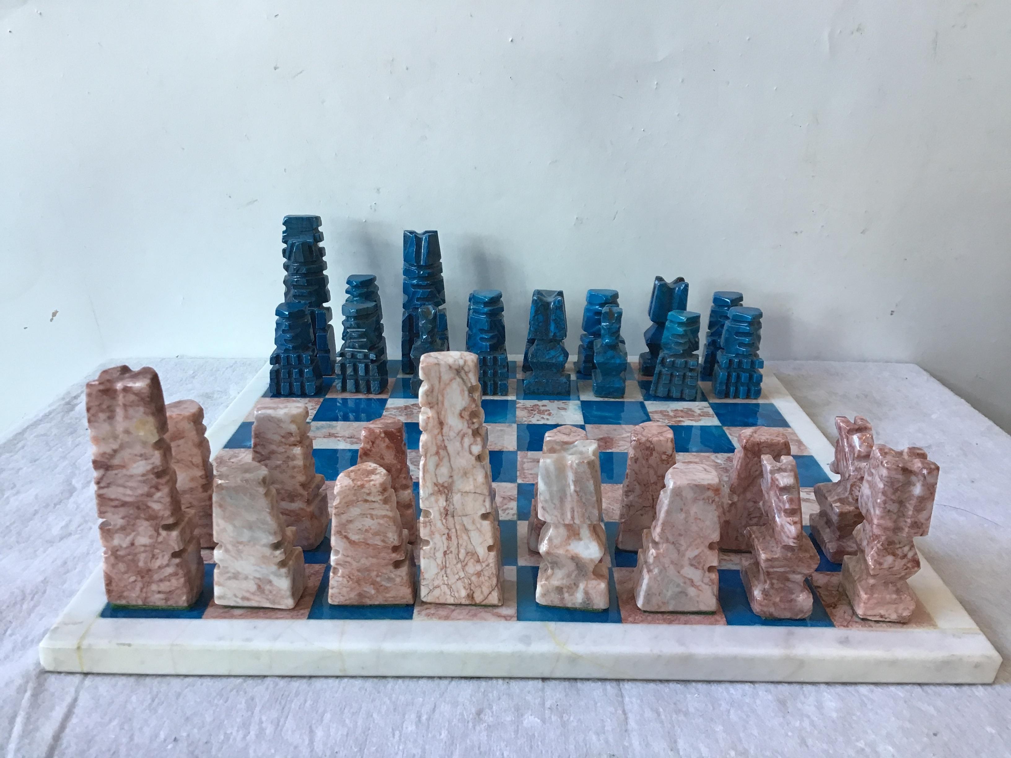 1970s Mexican hand carved marble chess set.
