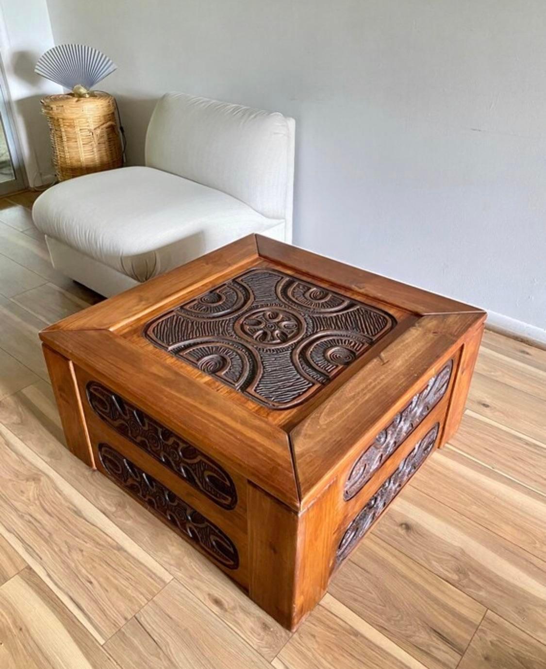 Introducing our Mexican Modern Carved Pine Wood Coffee Table, a stunning embodiment of mid-century design influenced by the iconic style of Evelyn Ackerman. Crafted in the 1970s, this exquisite piece captures the essence of the era with its unique