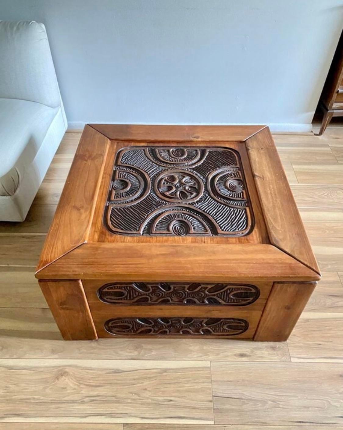 Mid-Century Modern 1970s Mexican Modern Carved Wood Coffee Table in Style of Evelyn Ackerman For Sale