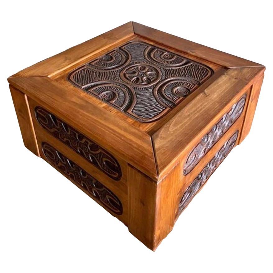 1970s Mexican Modern Carved Wood Coffee Table in Style of Evelyn Ackerman For Sale