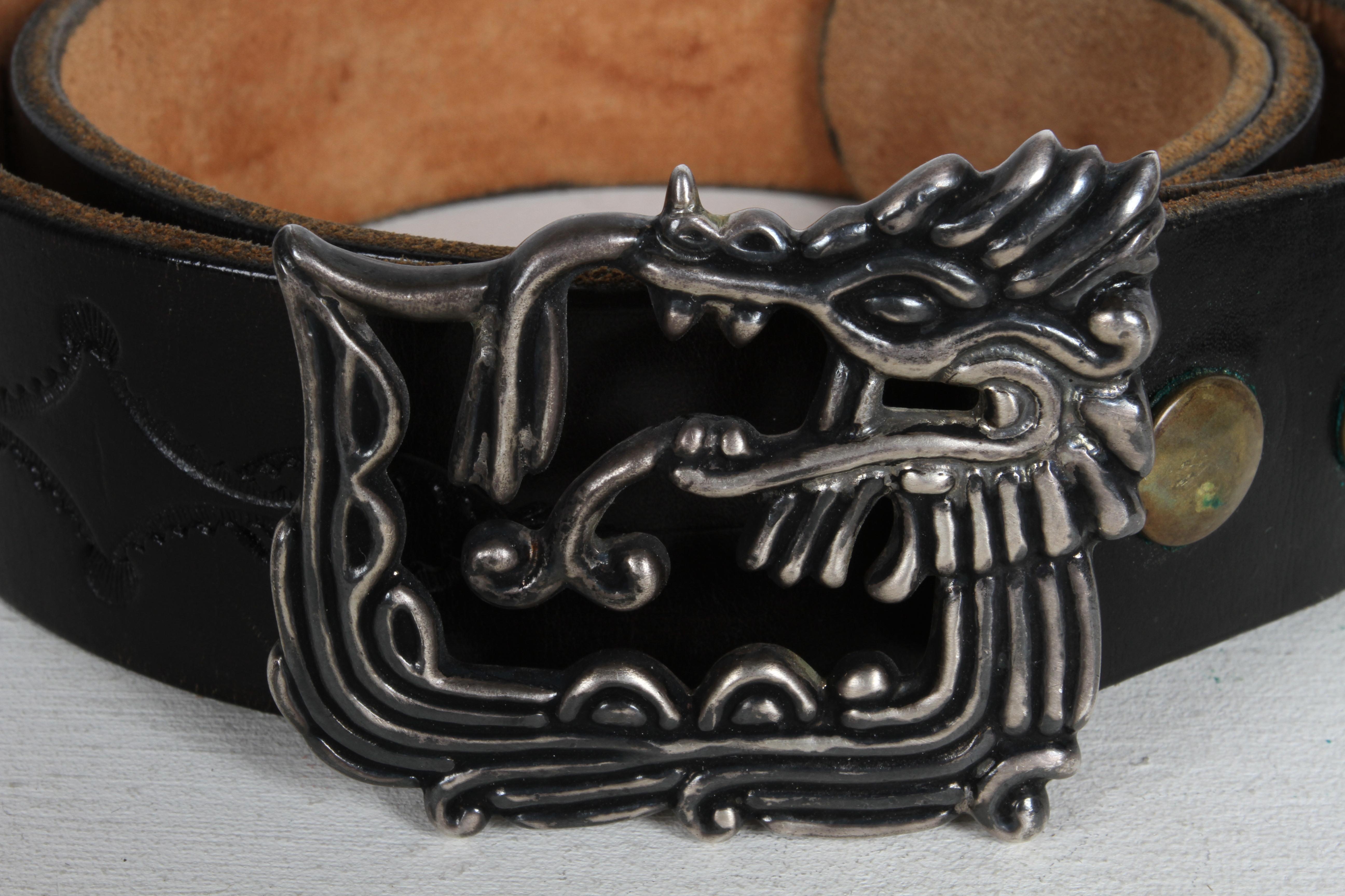Mid-Century Modern 1970s Mexican Sterling Silver Artisan Signed & Made Stylized Dragon Belt Buckle  For Sale