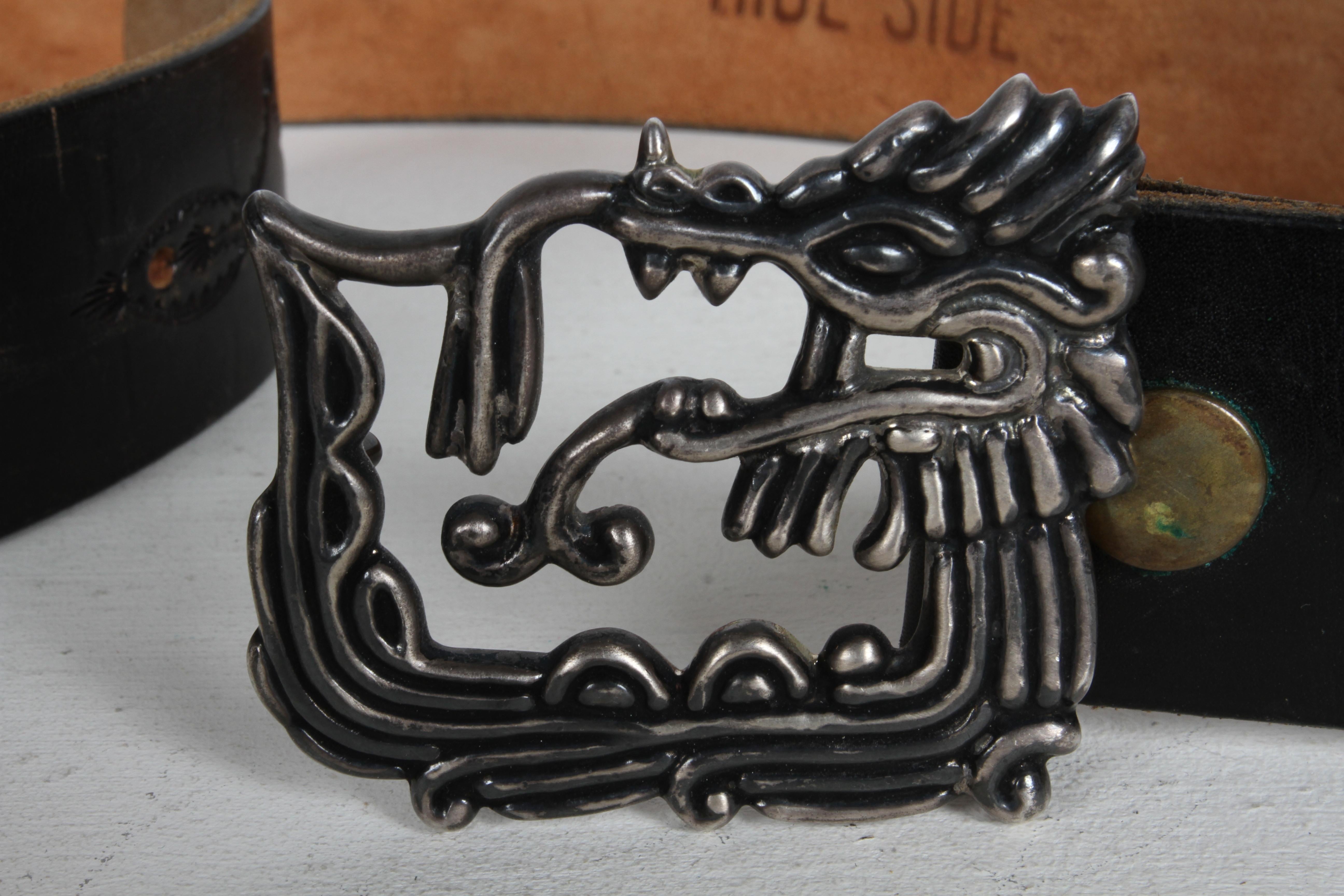 Late 20th Century 1970s Mexican Sterling Silver Artisan Signed & Made Stylized Dragon Belt Buckle  For Sale