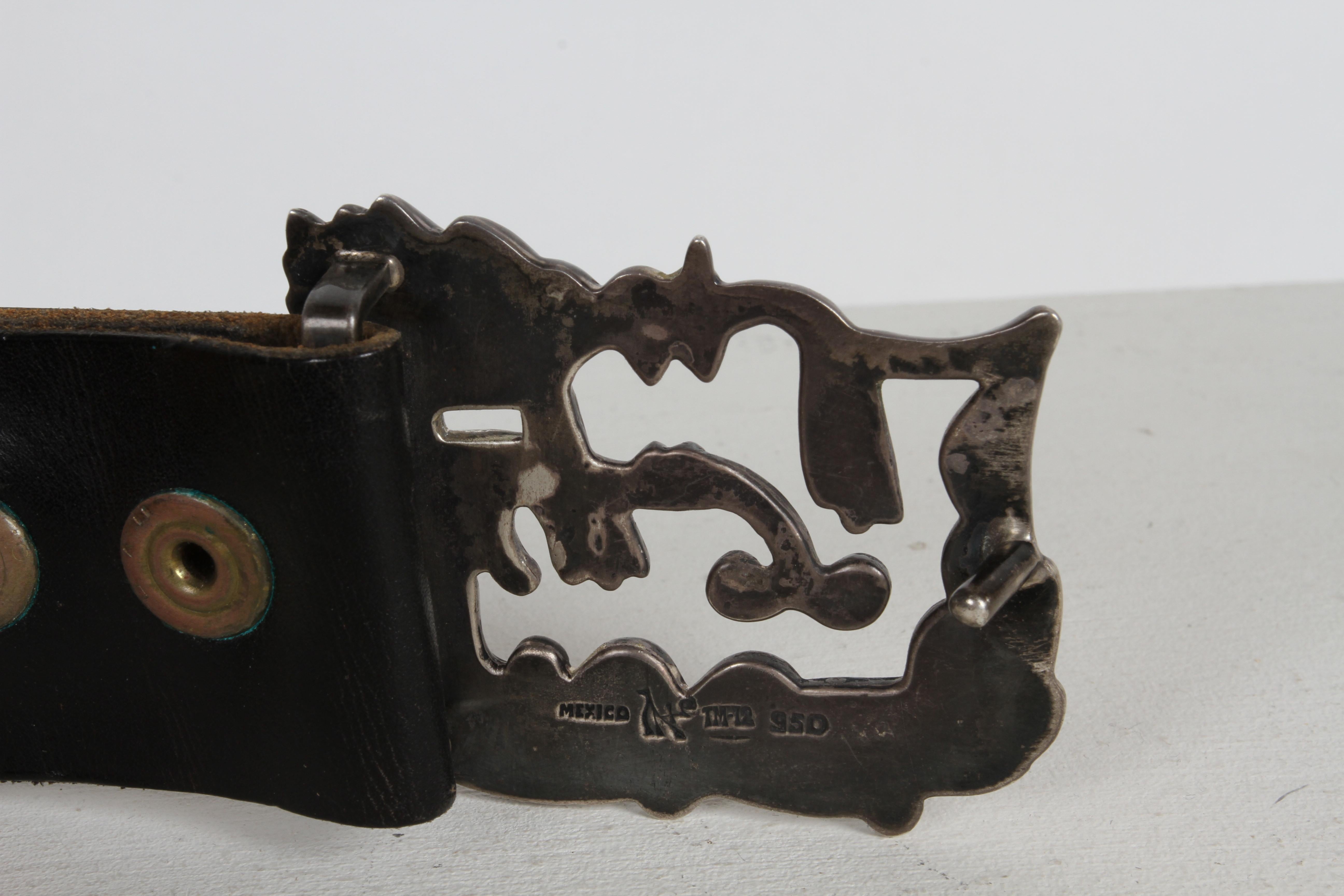 1970s Mexican Sterling Silver Artisan Signed & Made Stylized Dragon Belt Buckle  For Sale 1