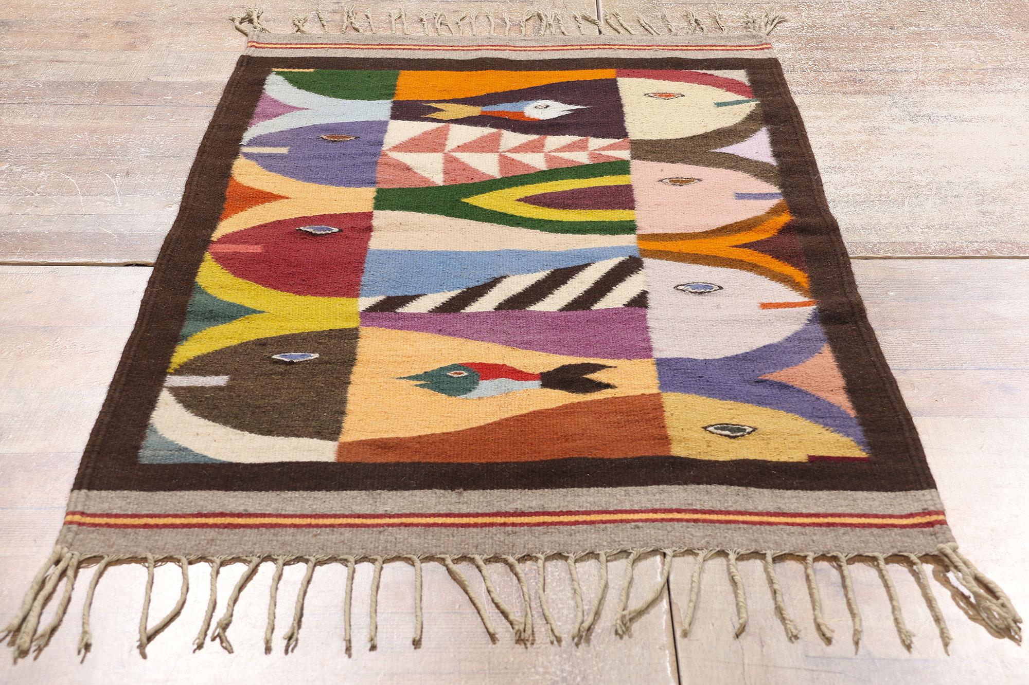 Lana Tappeto messicano Zapotec a tessere di pesce degli anni '70 con stile cubista di metà secolo in vendita