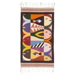 1970's Mexican Tessellated Fish Zapotec Carpet with Mid-Century Cubist Style