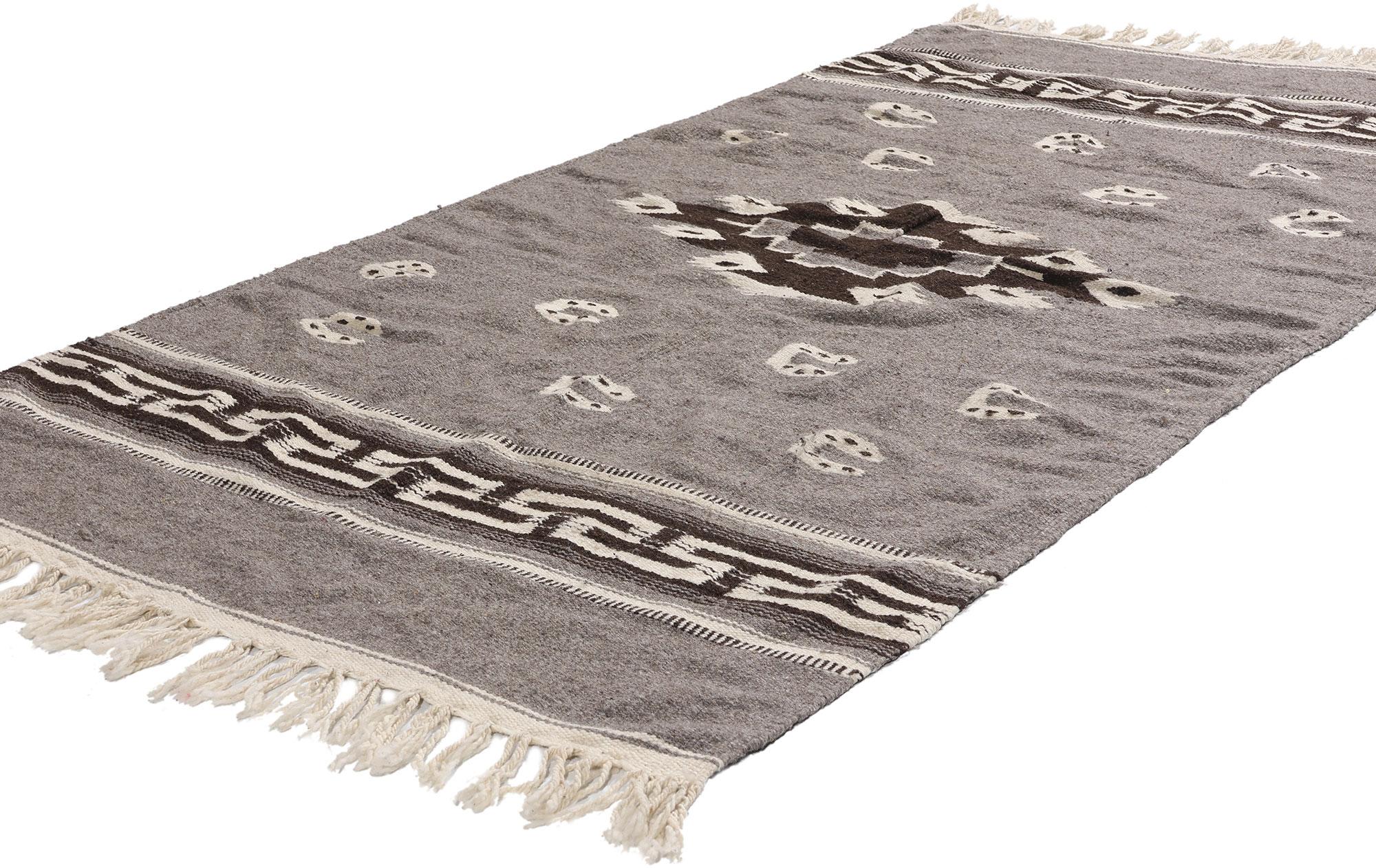 79193 Vintage Mexican Zapotec Kilim Rug, 03'07 x 07'00. Rooted in the ancient weaving traditions of Oaxaca, this handwoven wool vintage Mexican Zapotec rug is a profound expression of indigenous artistry and cultural heritage. Meticulously crafted