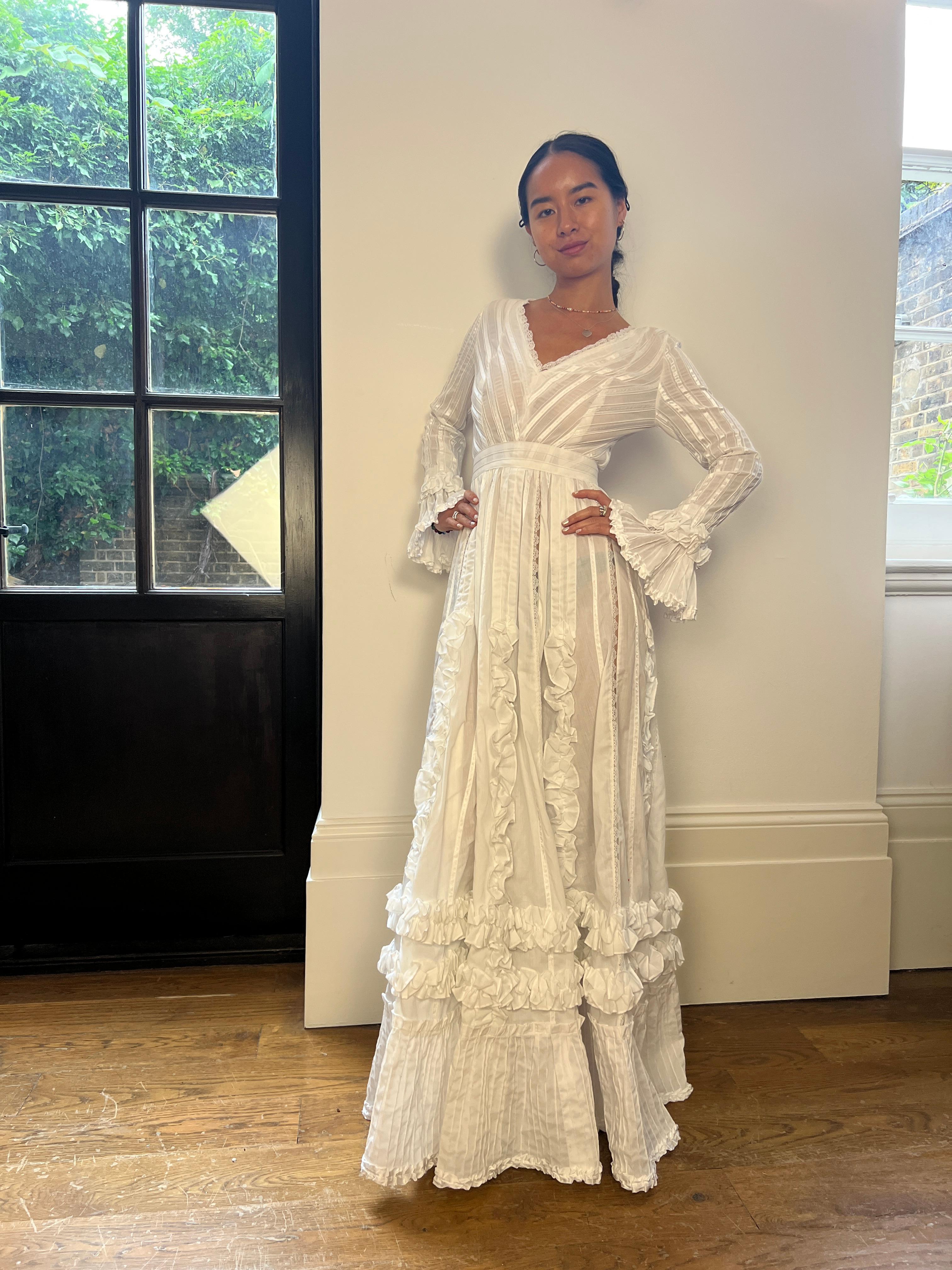 1970s Mexicana White Cotton and Lace Wedding Dress For Sale 1