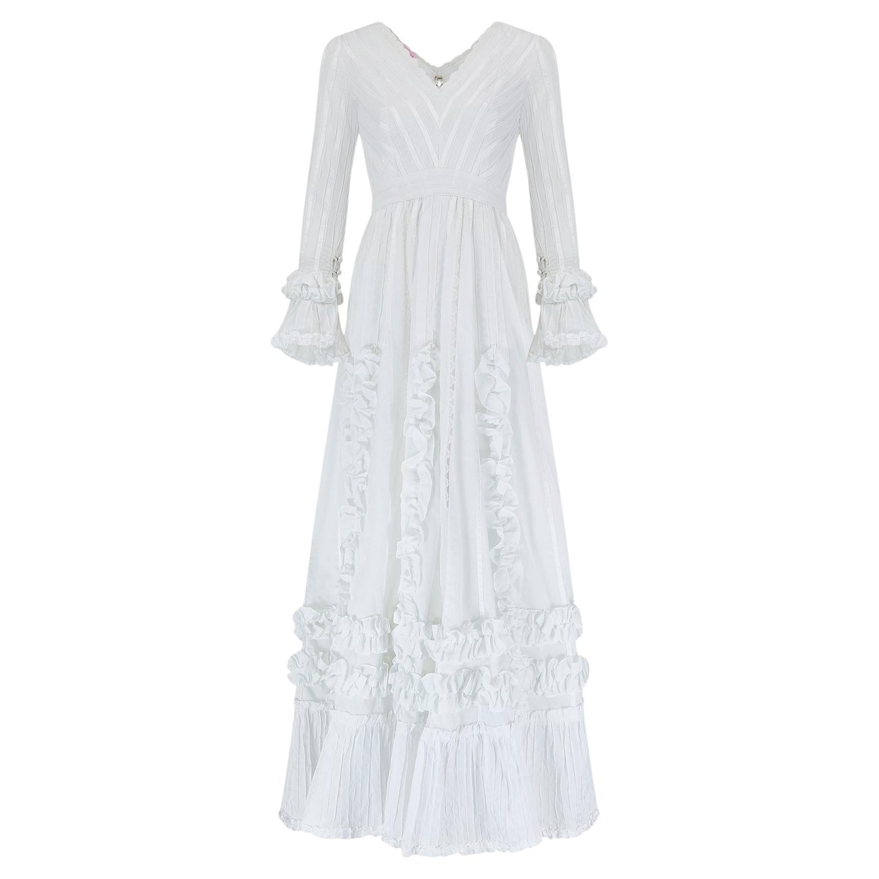 1970s Mexicana White Cotton and Lace Wedding Dress For Sale
