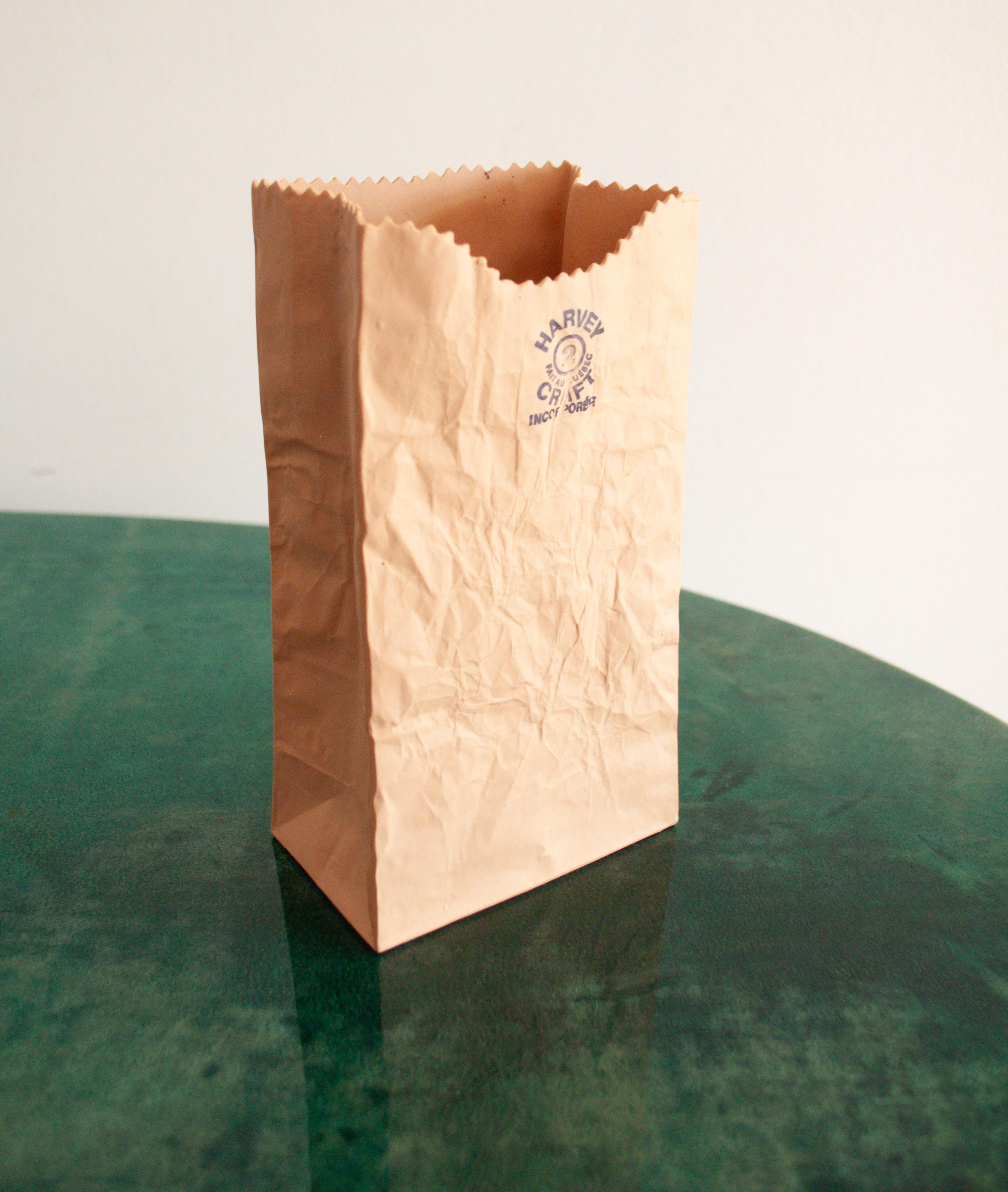 1970s Michael Harvey Trompe-l'Oeil Paper Bag Ceramic Vase for