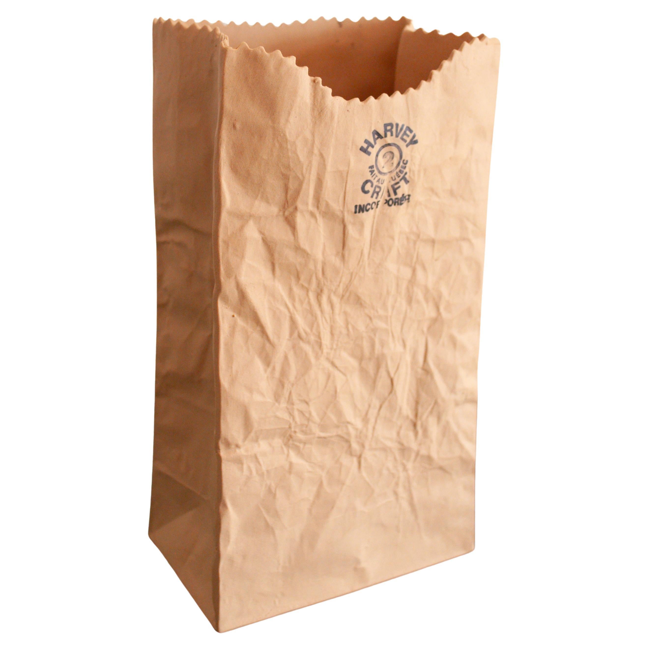 1970s Michael Harvey Trompe-l’Oeil Paper Bag Ceramic Vase for Harvey Craft, Queb For Sale