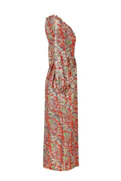 1970s Michael Modelle Gold Lamé Paisley Print Maxi Dress