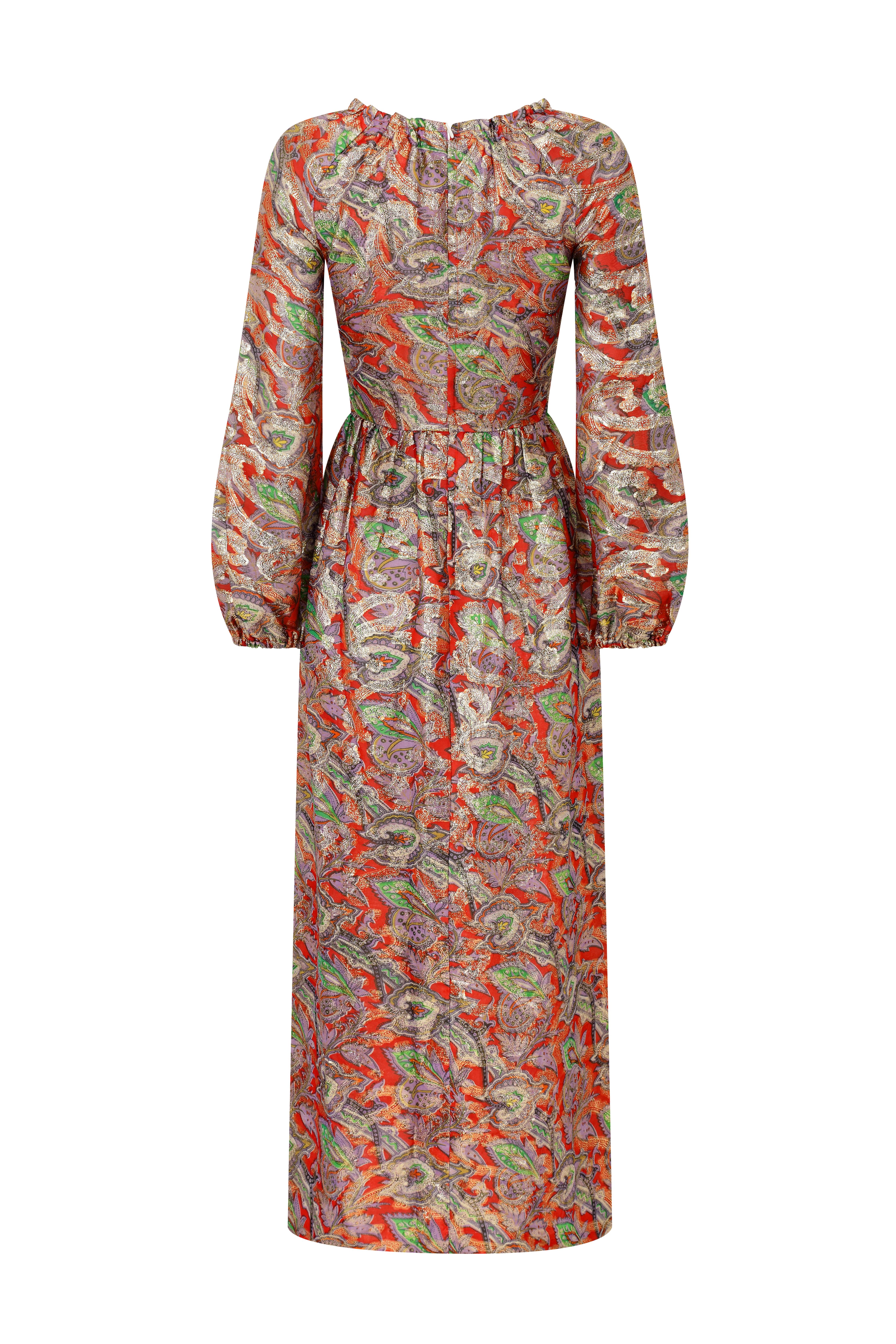 Brown 1970s Michael Modelle Gold Lamé Paisley Print Maxi Dress For Sale