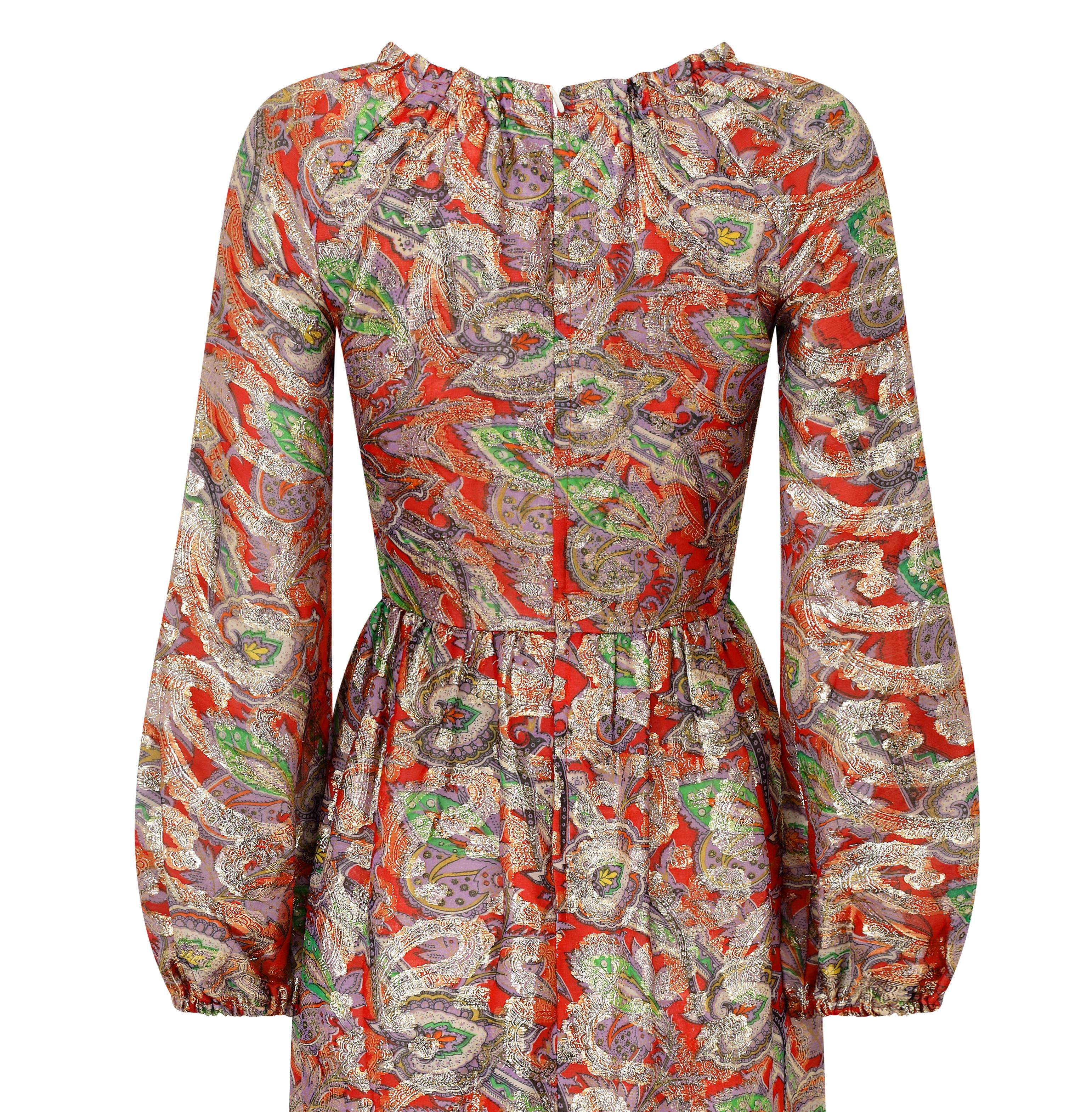 Women's 1970s Michael Modelle Gold Lamé Paisley Print Maxi Dress For Sale