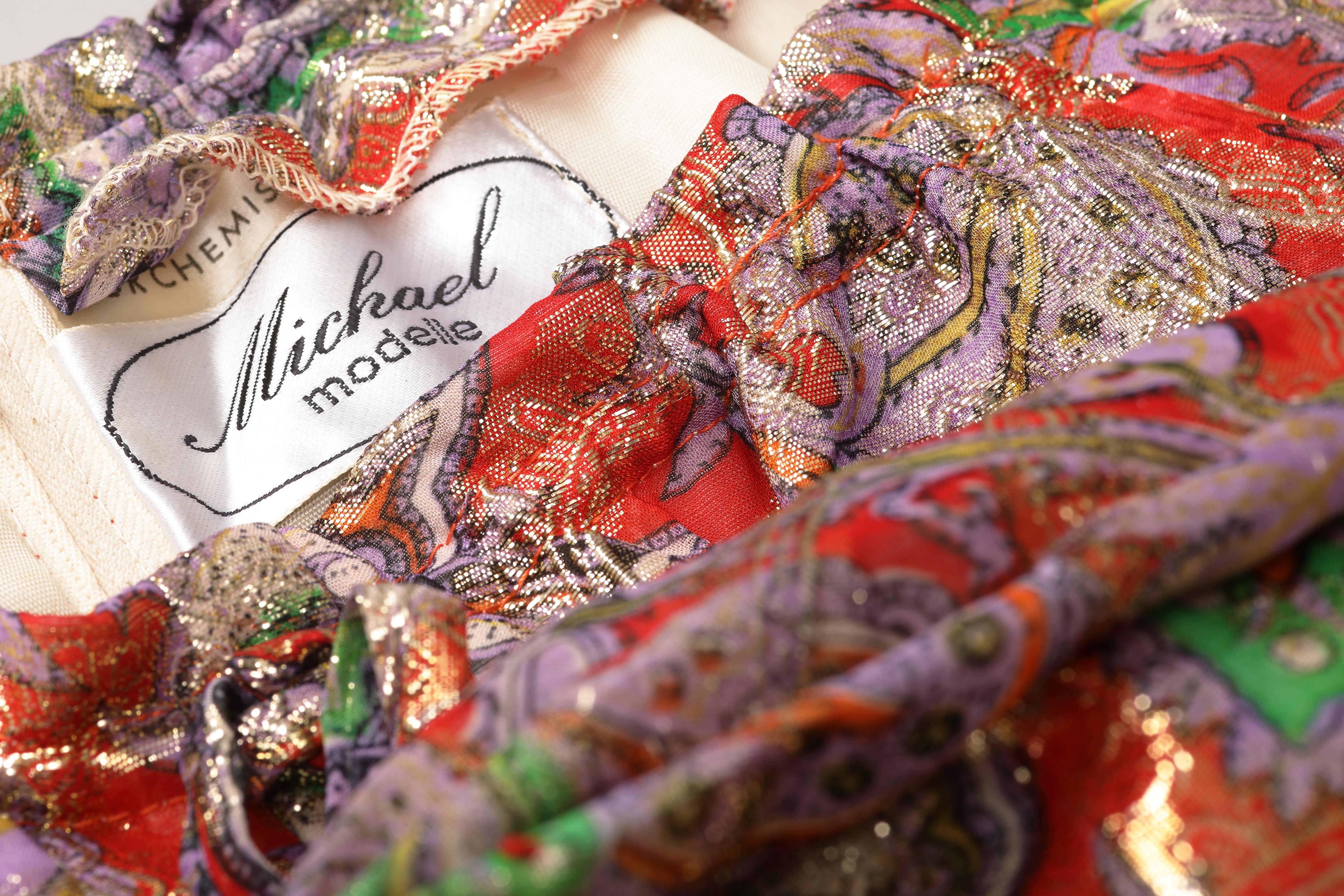 1970s Michael Modelle Gold Lamé Paisley Print Maxi Dress For Sale 1