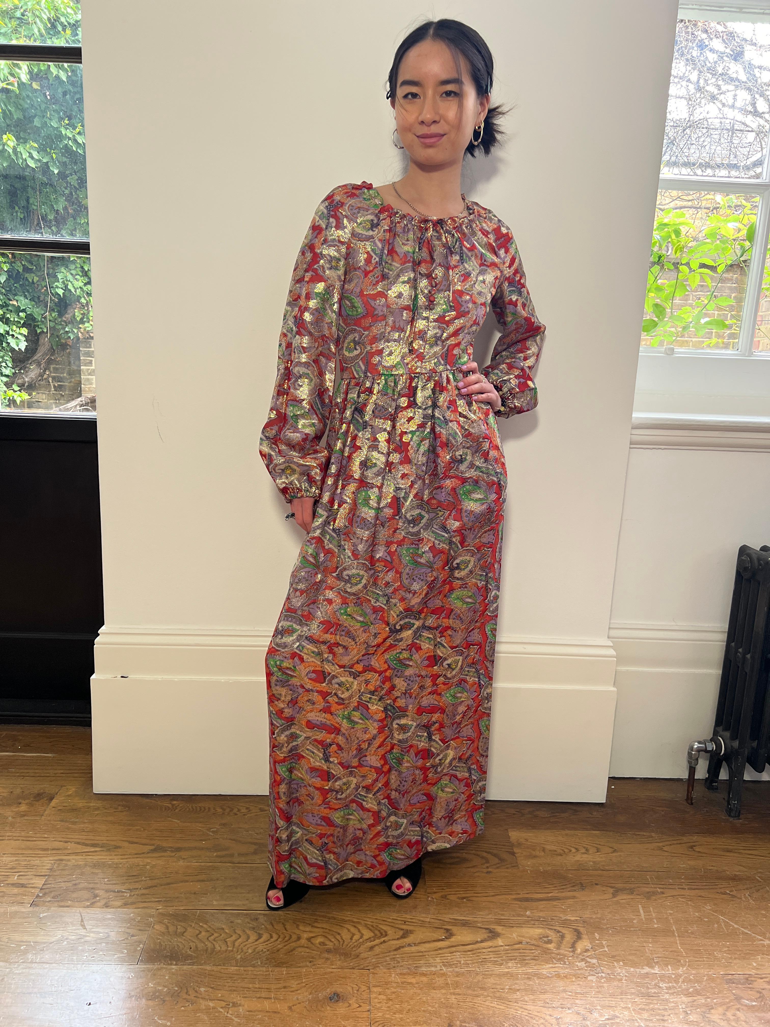 1970s Michael Modelle Gold Lamé Paisley Print Maxi Dress For Sale 3