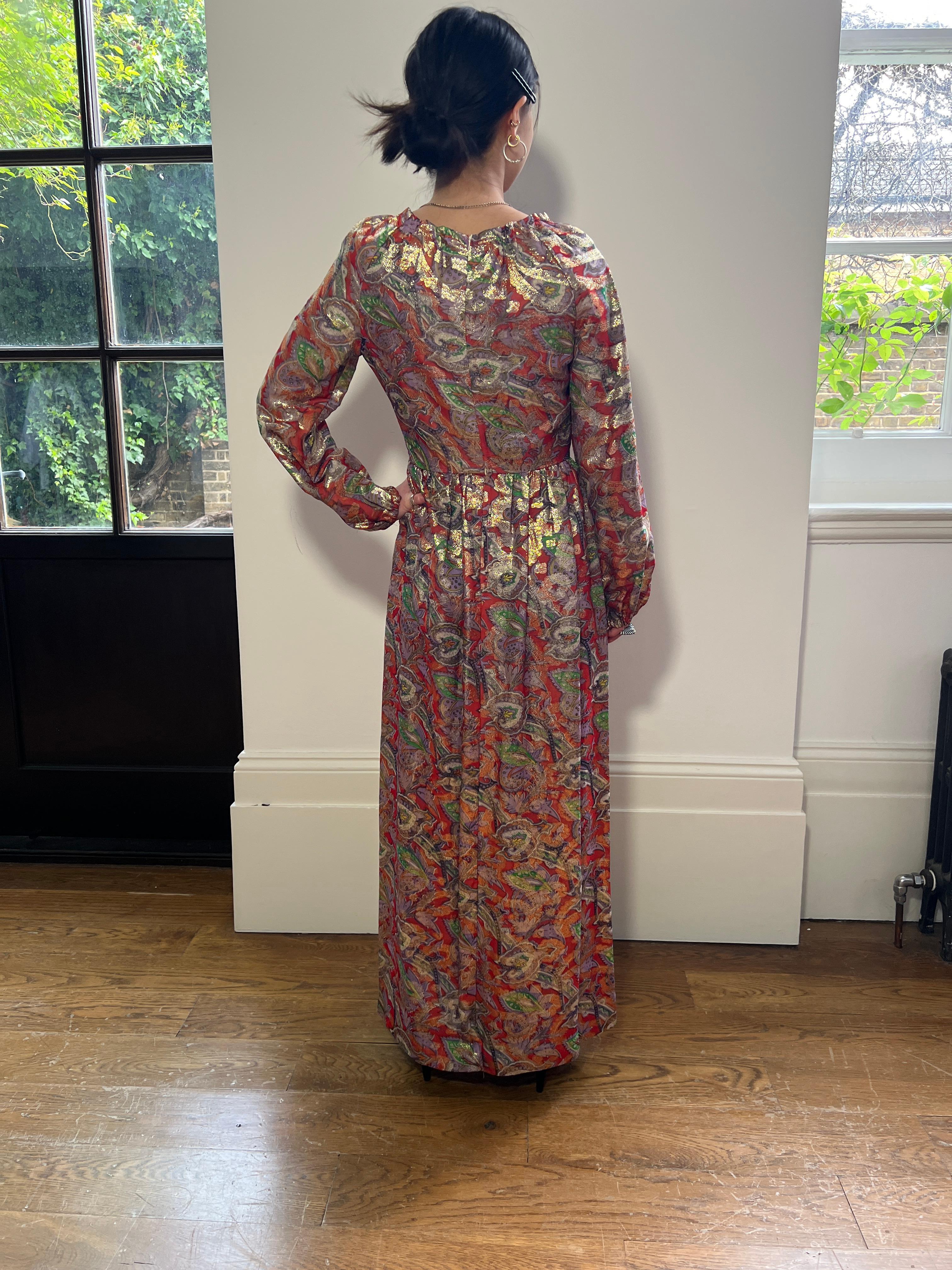 1970s Michael Modelle Gold Lamé Paisley Print Maxi Dress For Sale 4