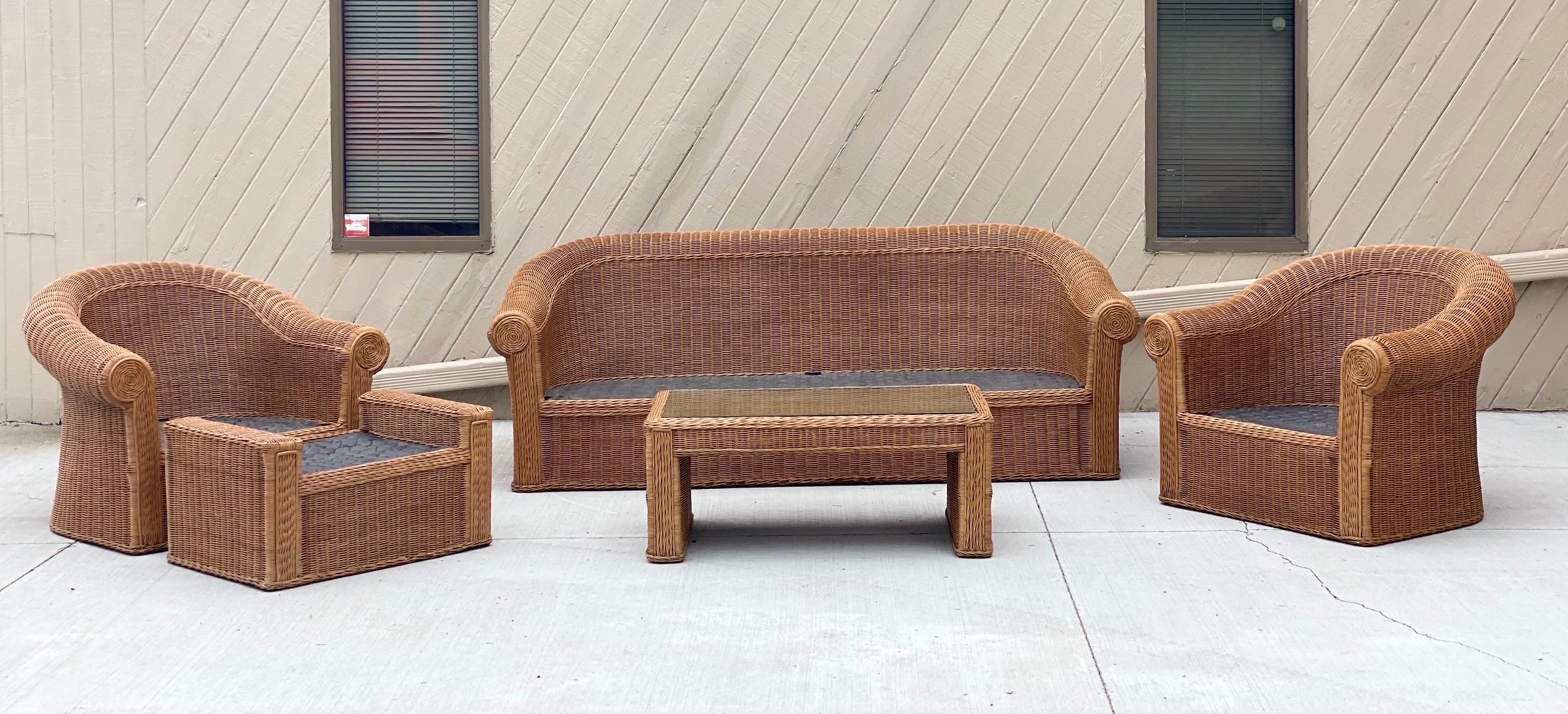 We are very pleased to offer a beautiful and timeless living room set in the style of Michael Taylor by Henry Link, circa the 1970s. Endless sophistication and exquisite craftsmanship is the hallmark of this generously proportioned set. Its