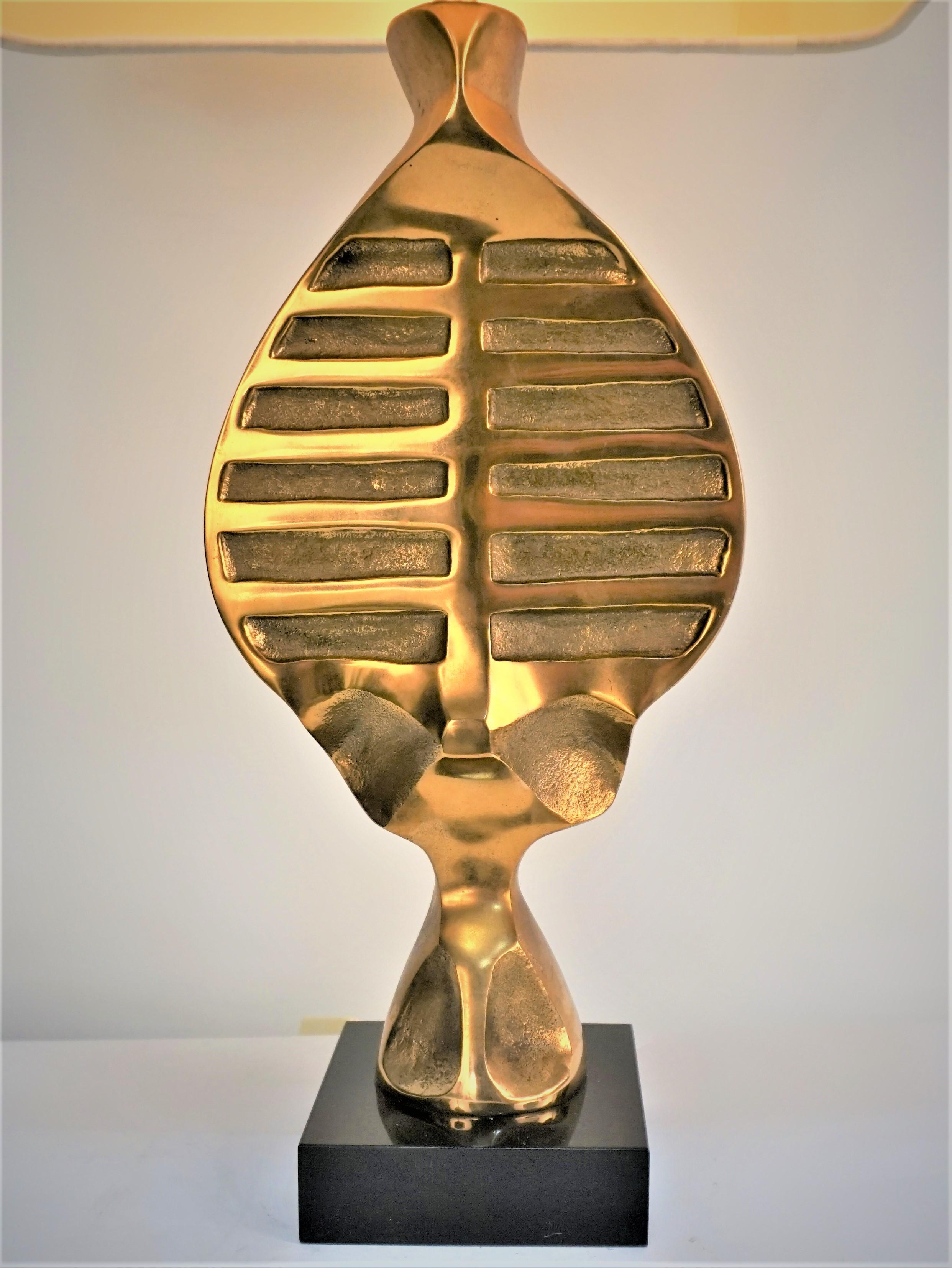 Modern bronze Lucite sculpture table lamp by Michel Jaubert.
Professionally rewired, silk on hardback lampshade.