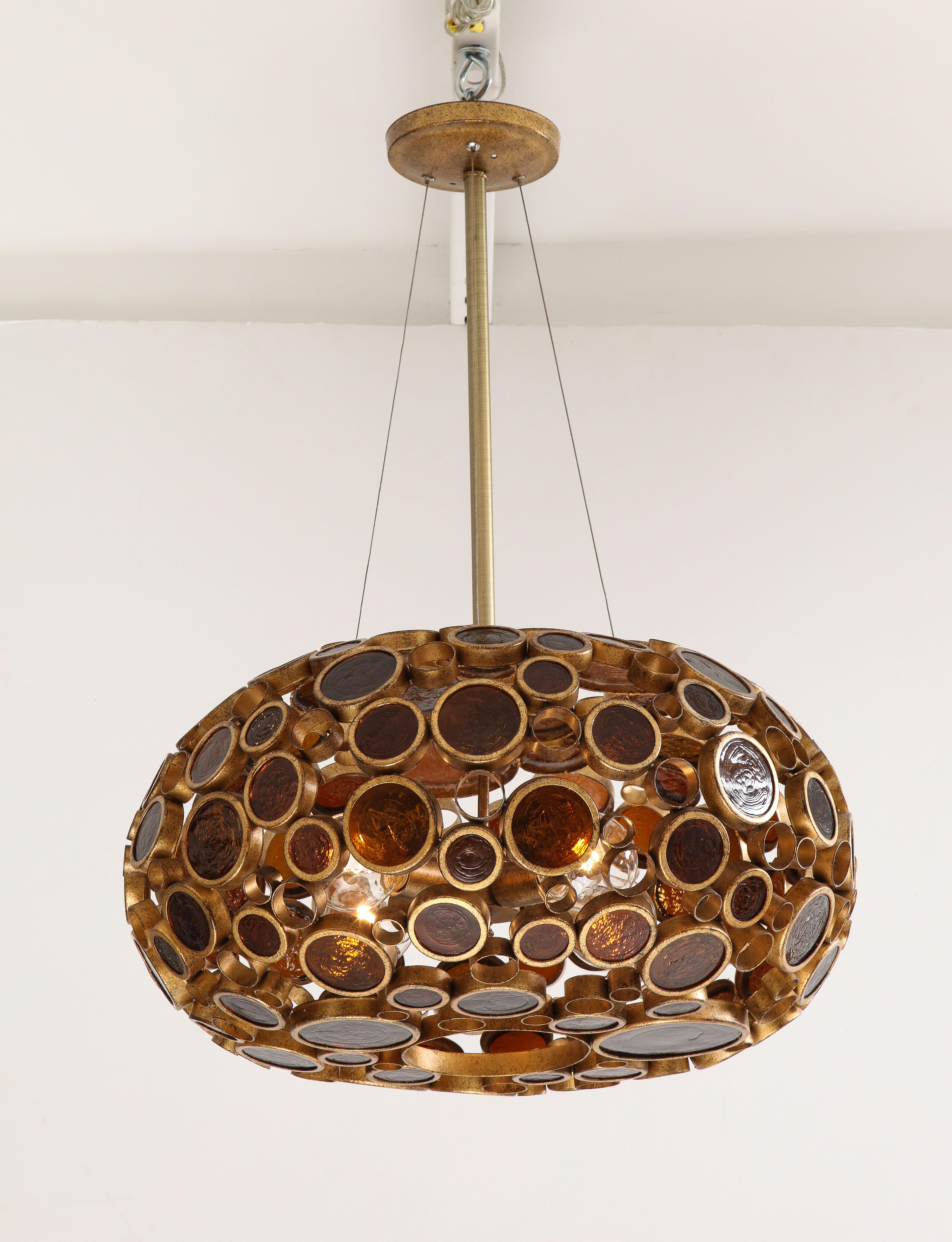 1970s Midcentury Amber Op Art Glass Chandelier In Good Condition For Sale In New York, NY