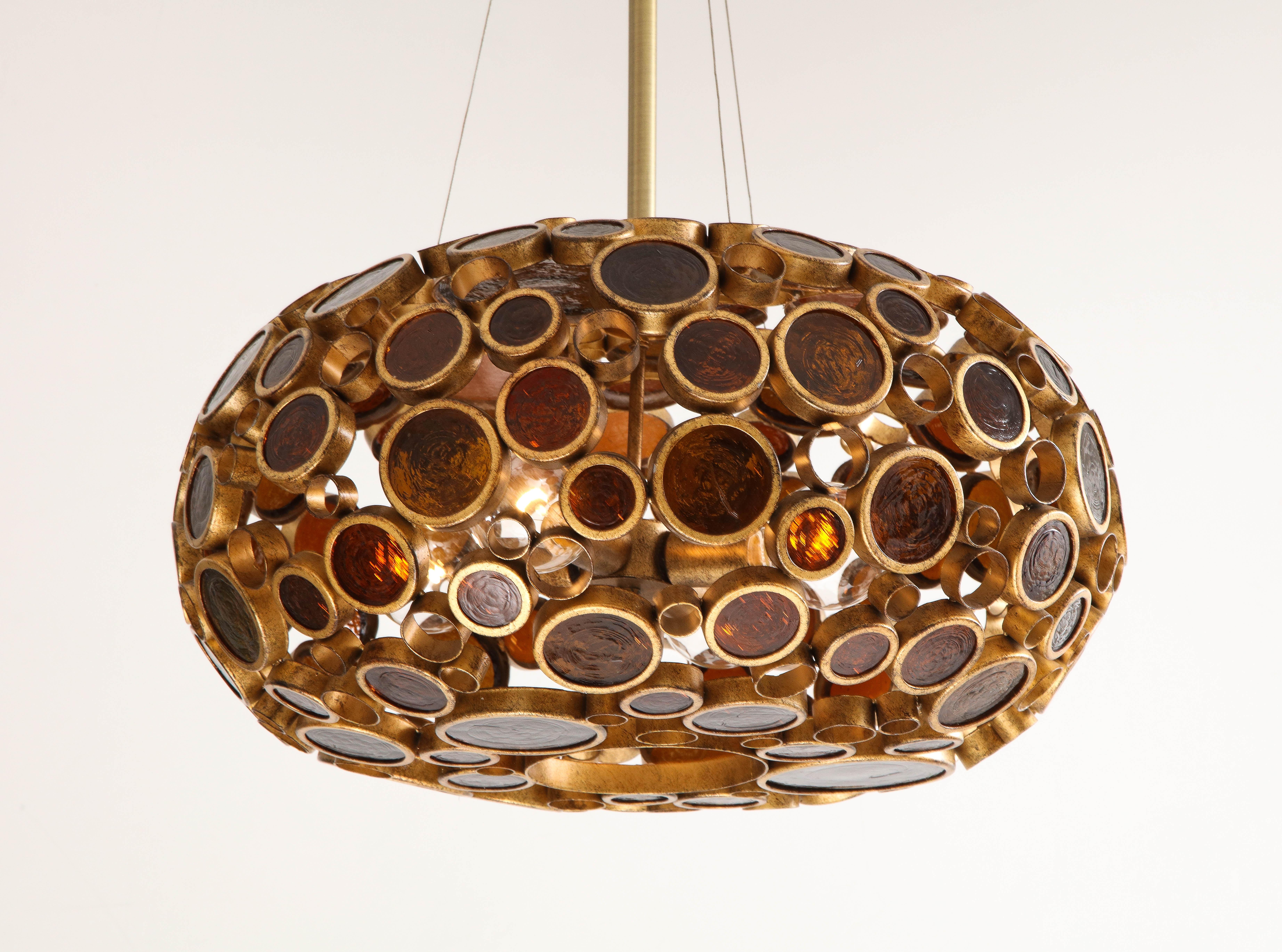 Late 20th Century 1970s Midcentury Amber Op Art Glass Chandelier For Sale