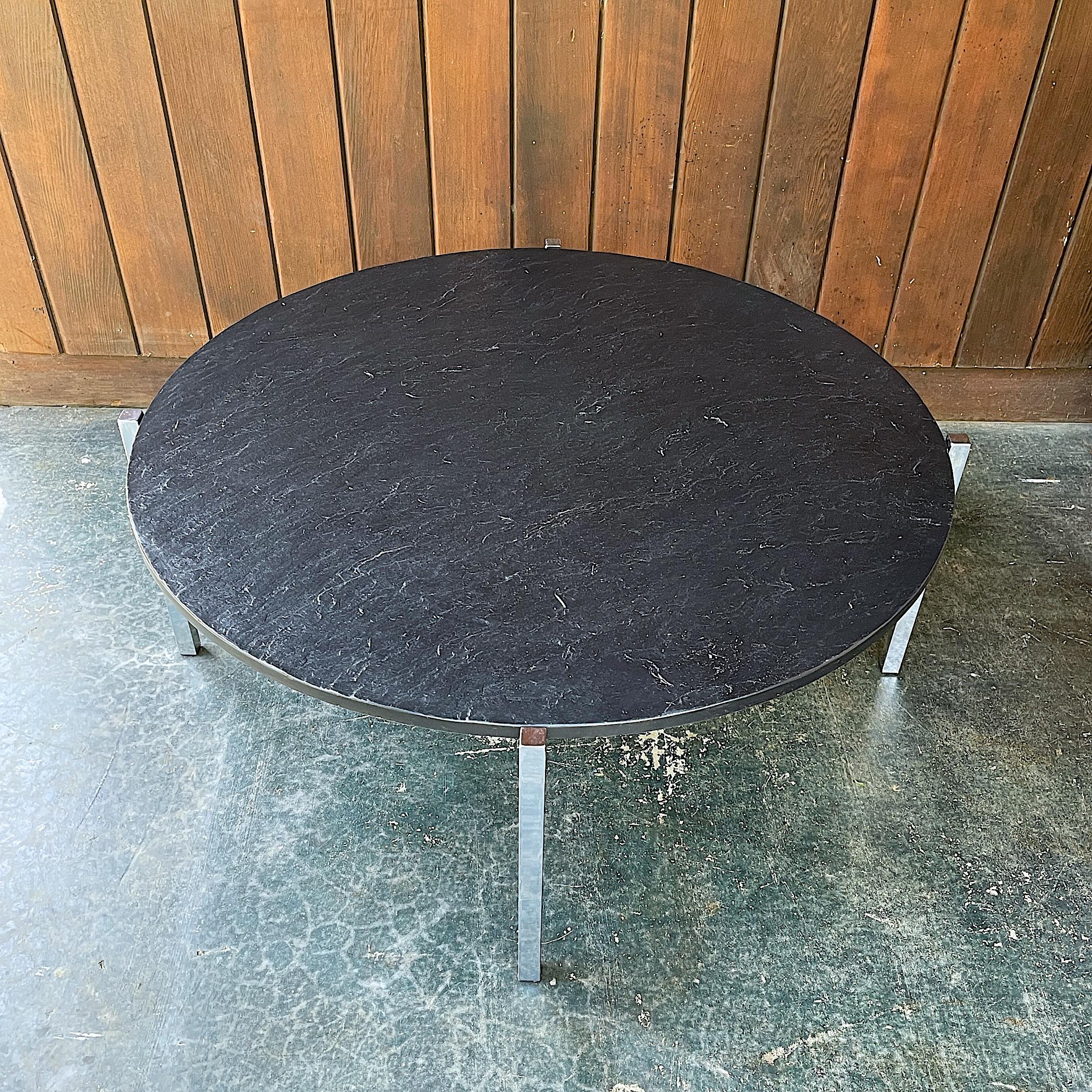 Plated 1970s Mid-Century American Design Black Cast Stone + Chrome Coffee Table For Sale