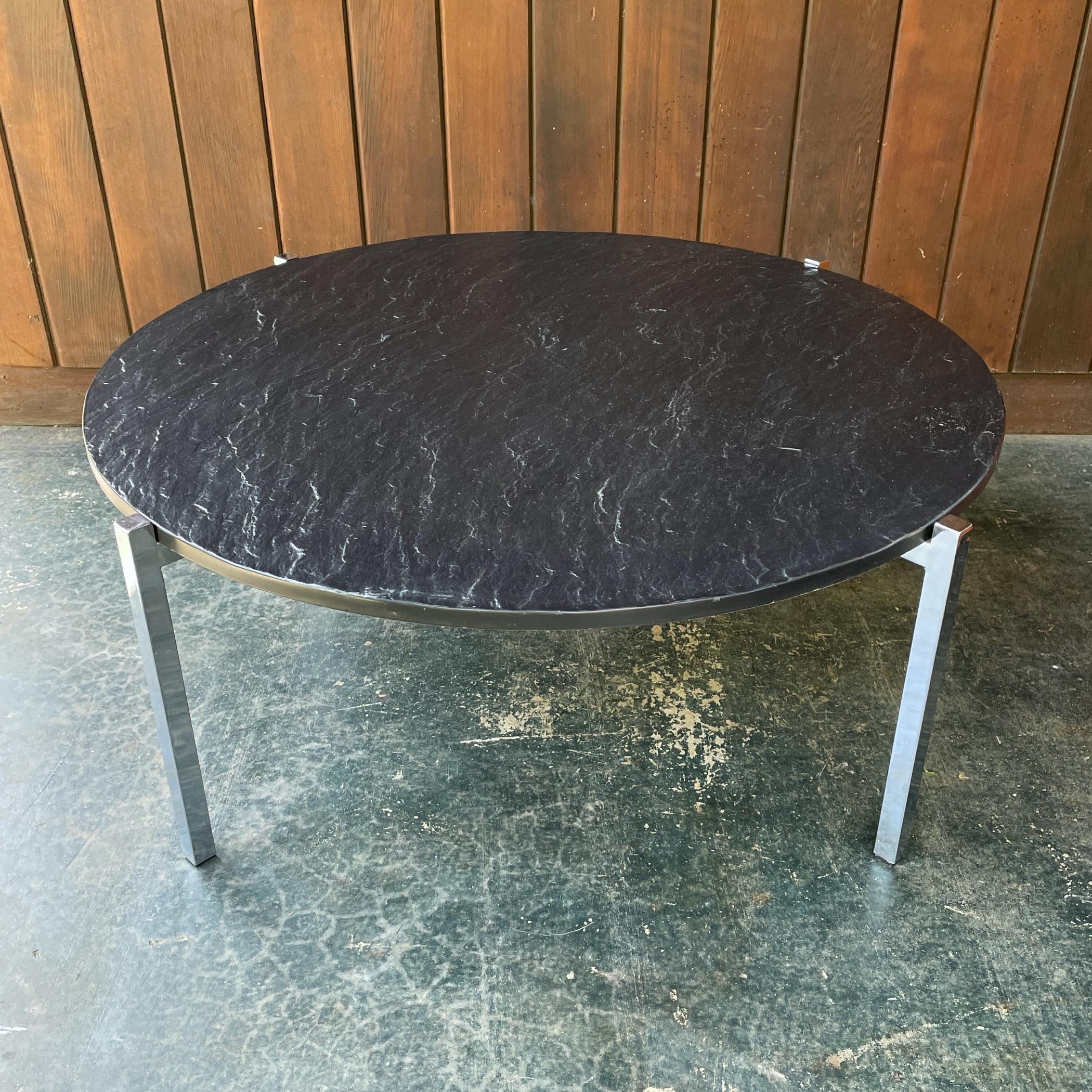 1970s Mid-Century American Design Black Cast Stone + Chrome Coffee Table In Fair Condition For Sale In Hyattsville, MD