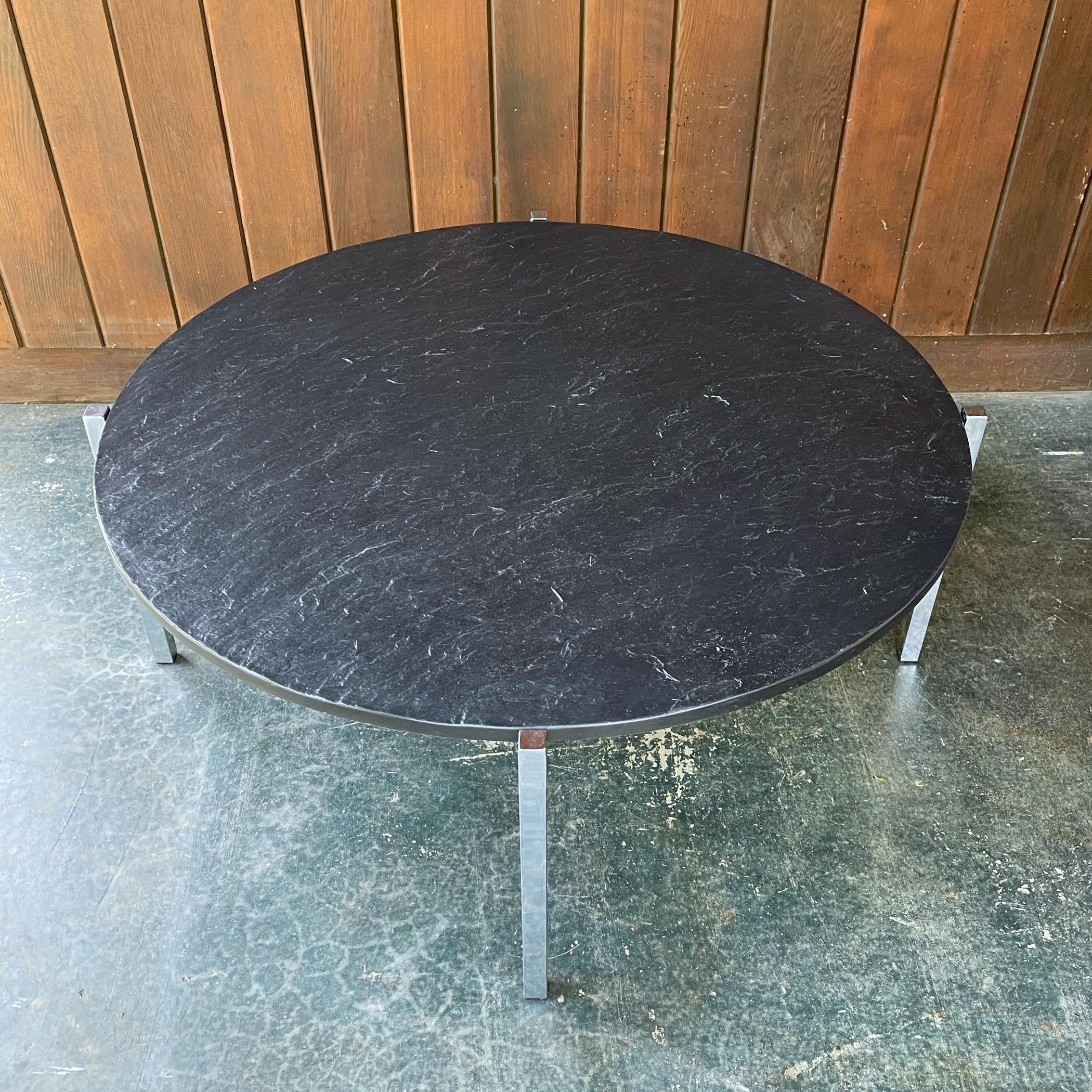 Late 20th Century 1970s Mid-Century American Design Black Cast Stone + Chrome Coffee Table For Sale