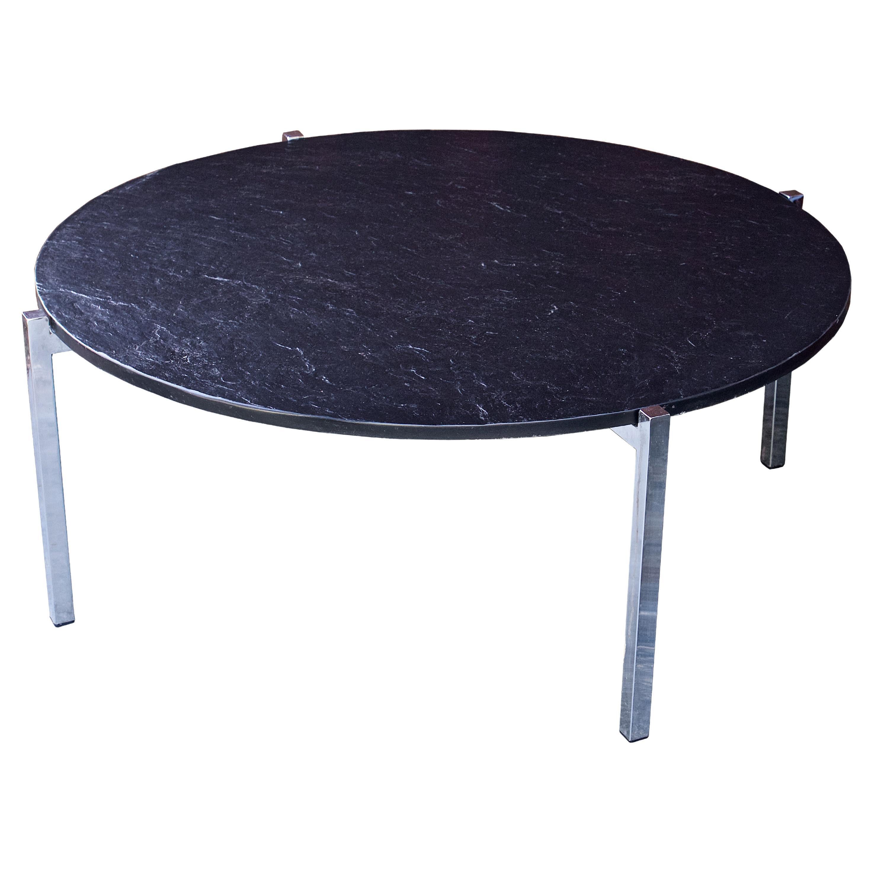 1970s Mid-Century American Design Black Cast Stone + Chrome Coffee Table For Sale