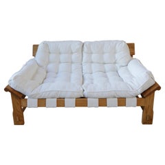 1970s Mid-Century Boucle and Oak Wood Loveseat