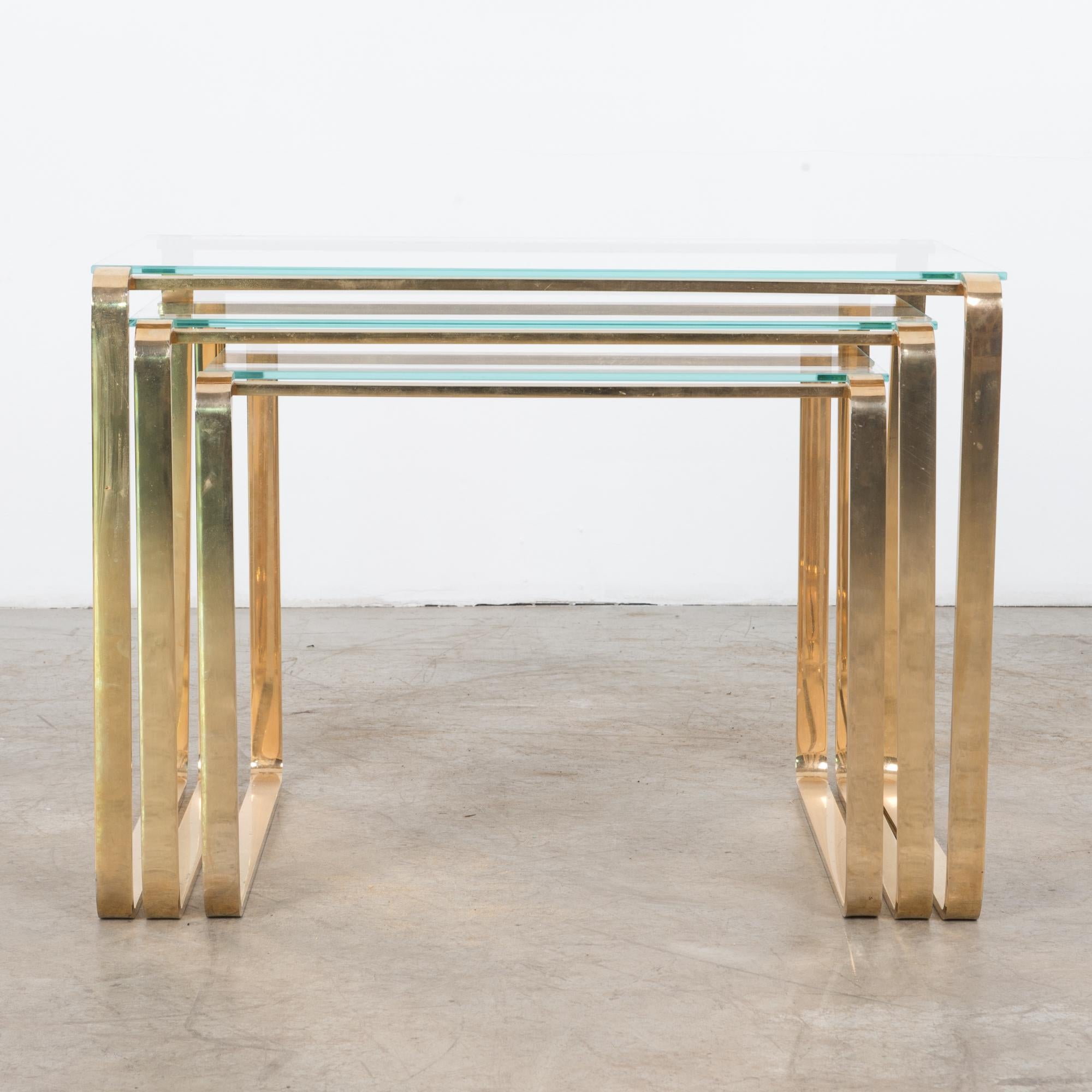 1970s Midcentury Brass and Glass Nesting Coffee Tables, Set of 3 1