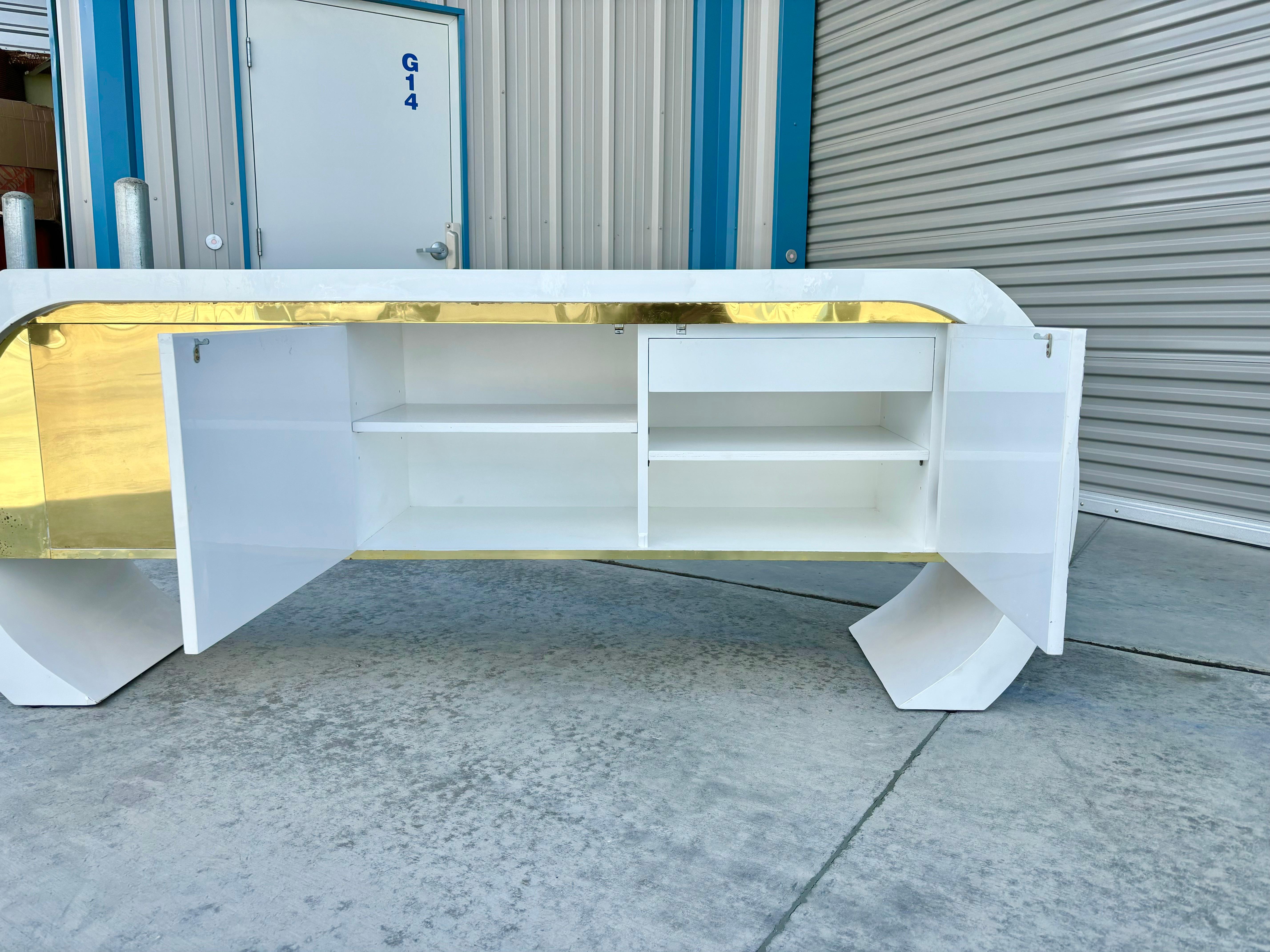 1970s Mid Century Brass and Lacquer Curved Credenza For Sale 1