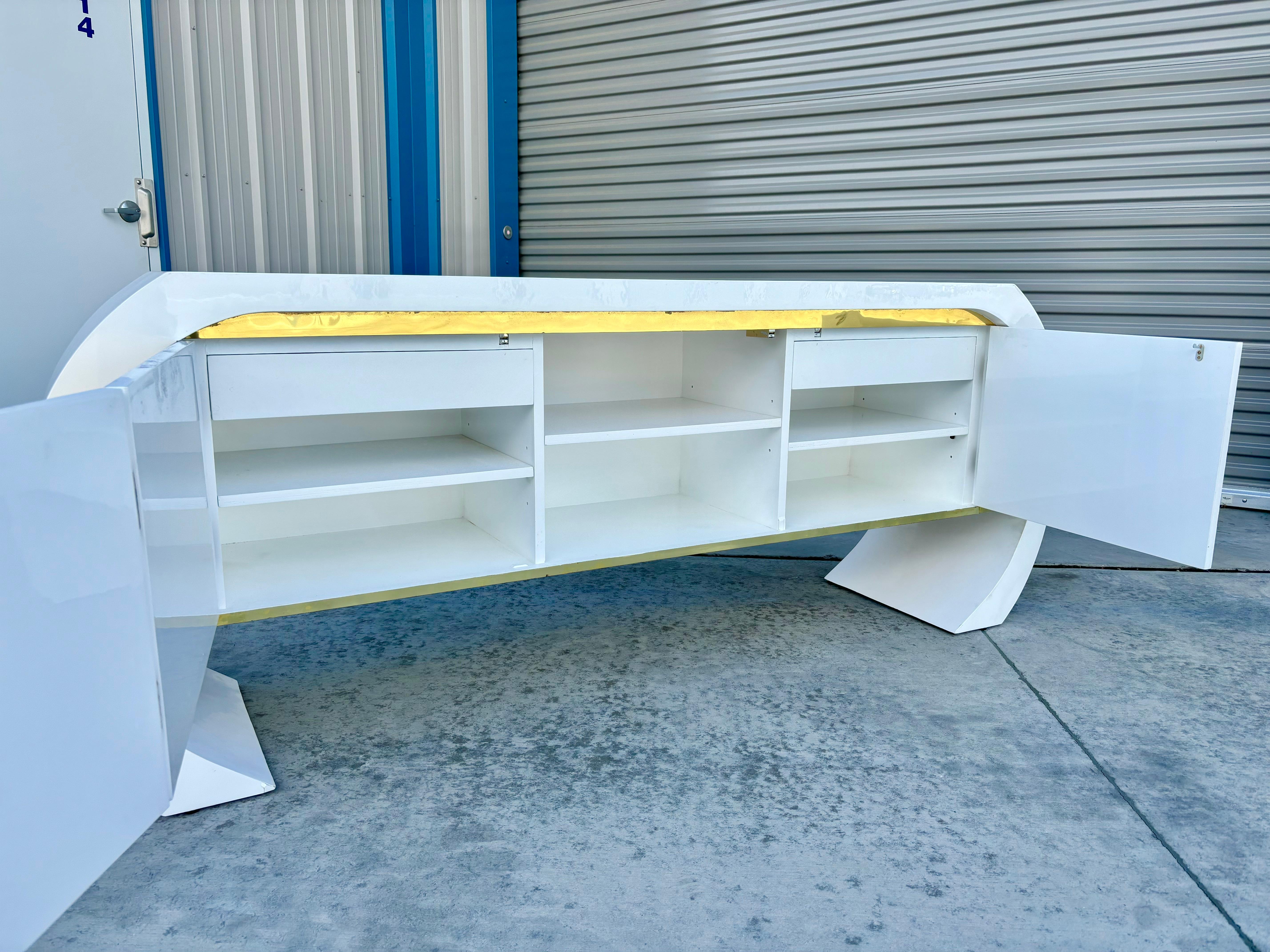 1970s Mid Century Brass and Lacquer Curved Credenza For Sale 3