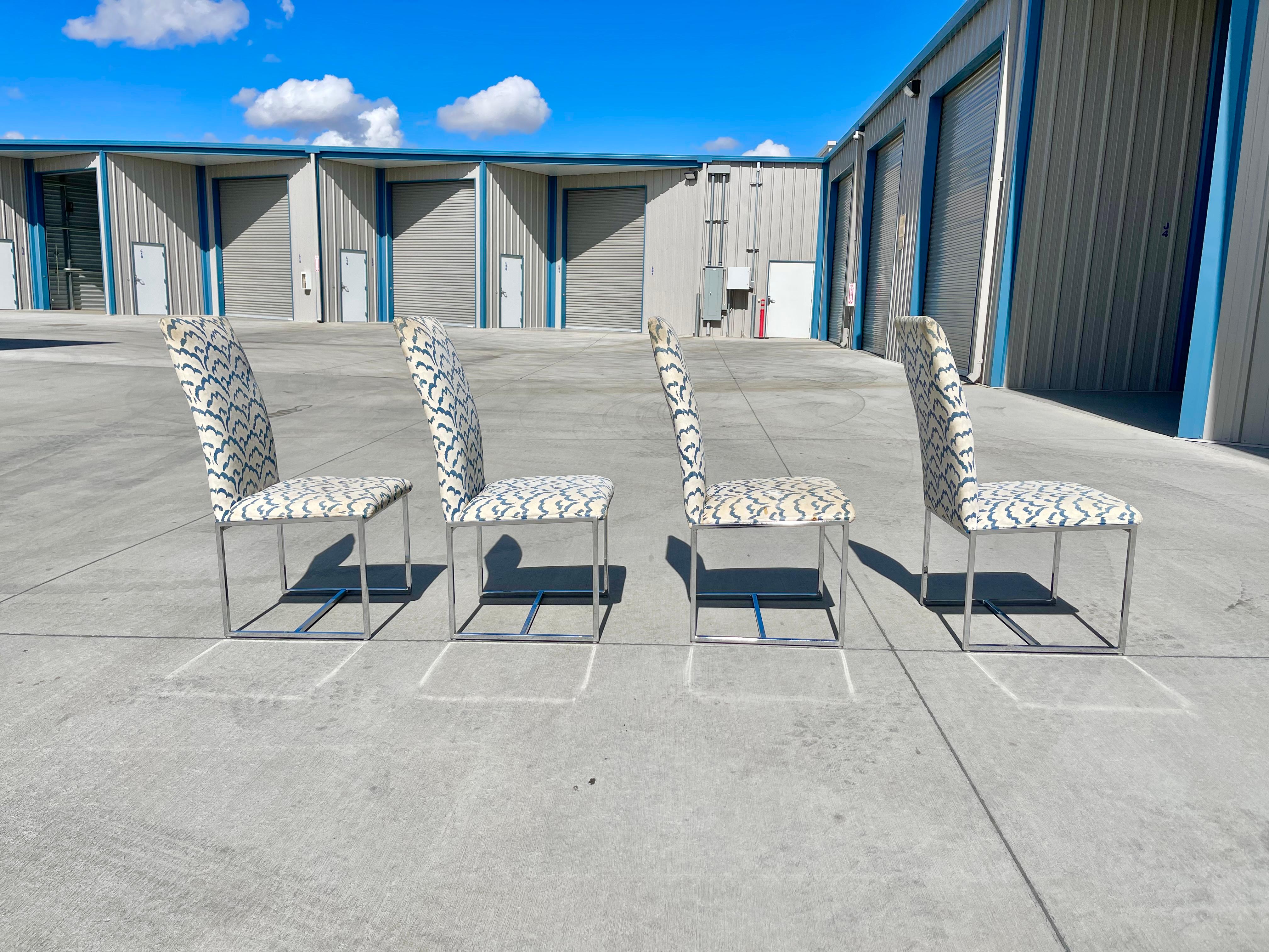 American 1970s Midcentury Chrome Dining Chairs Styled After Milo Baughman, Set of 4 For Sale