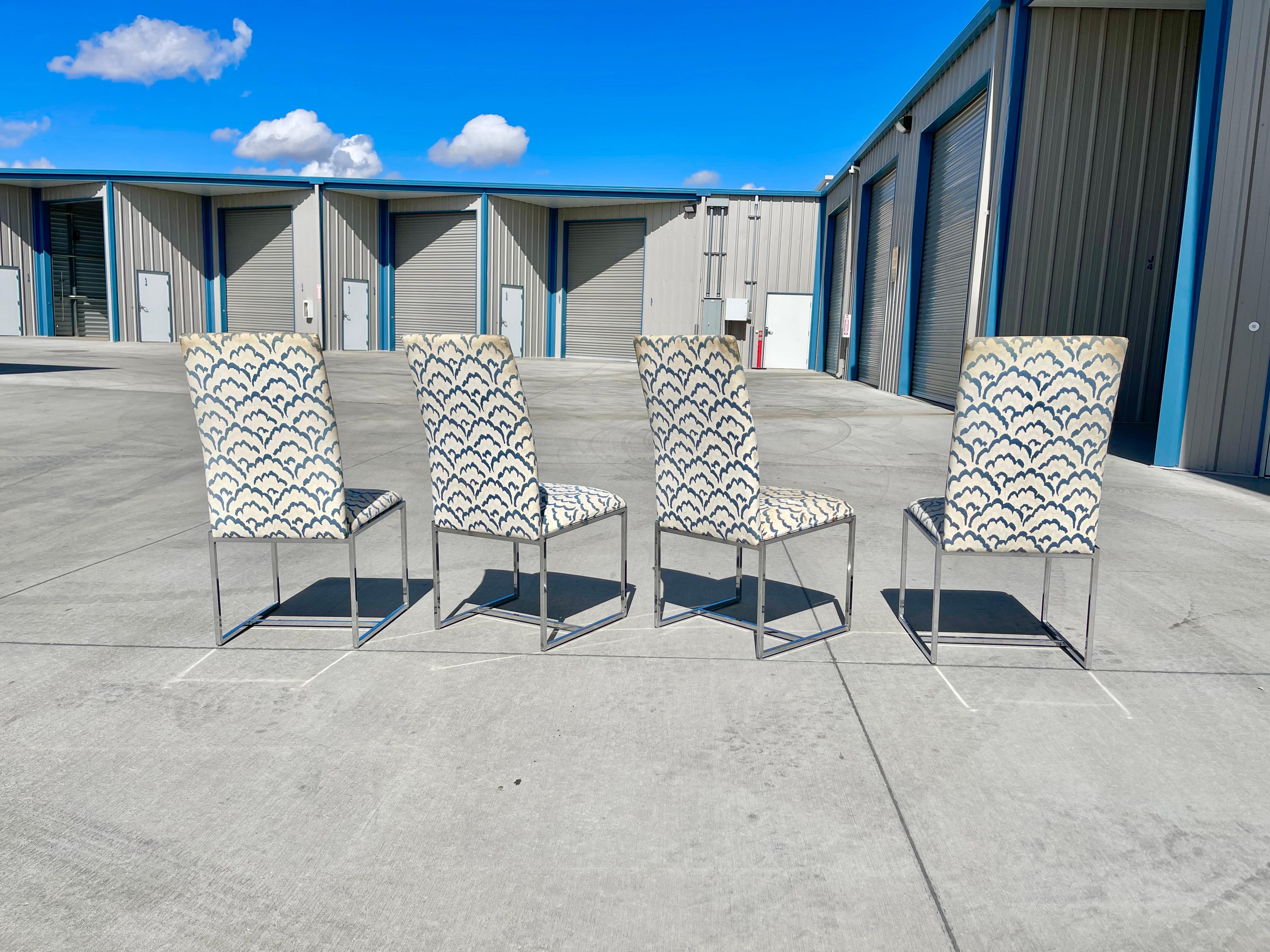 1970s Midcentury Chrome Dining Chairs Styled After Milo Baughman, Set of 4 In Good Condition For Sale In North Hollywood, CA