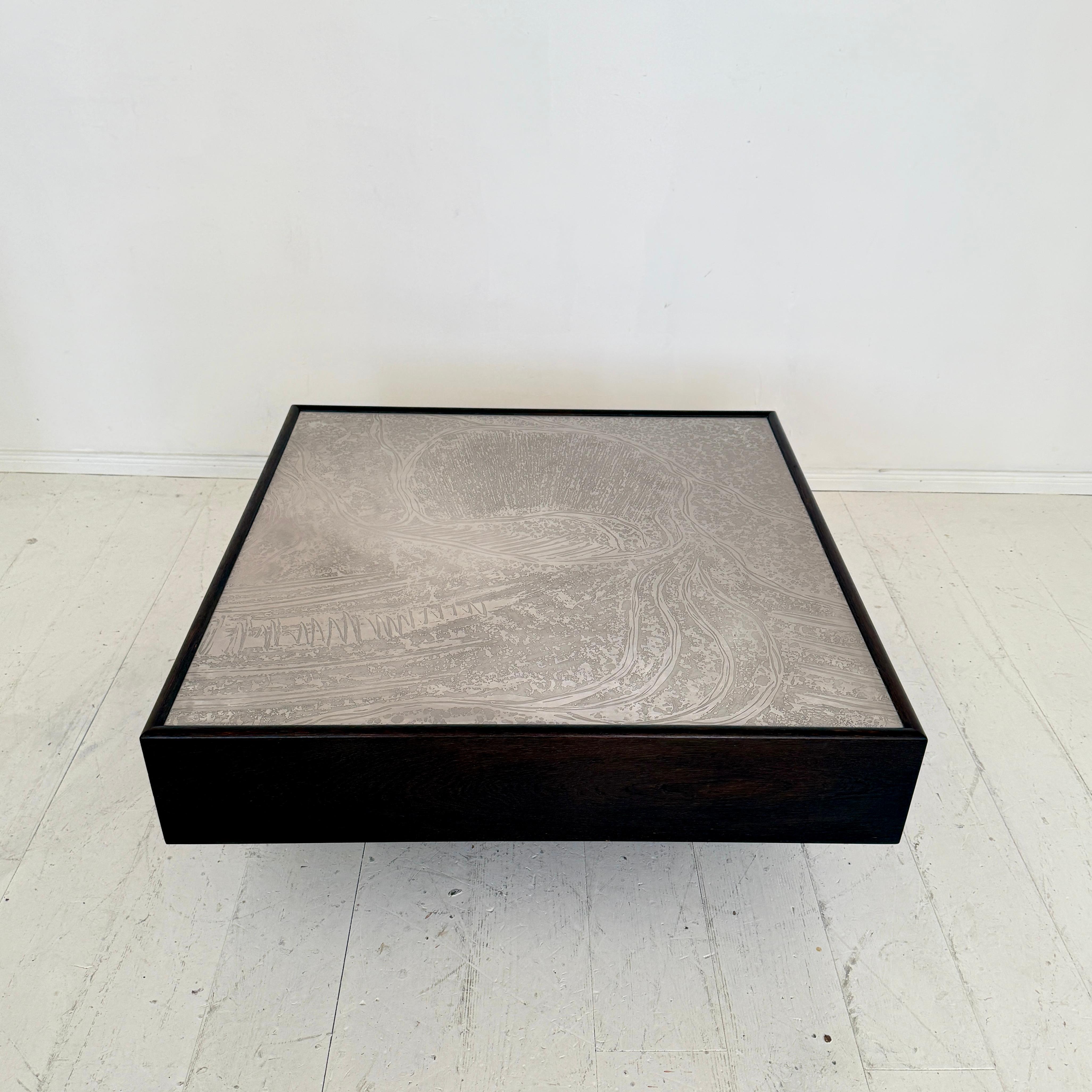 Mid-Century Modern 1970s Mid-Century Coffee Table by Lilienthal in Dark Oak with Etched Metal Top For Sale