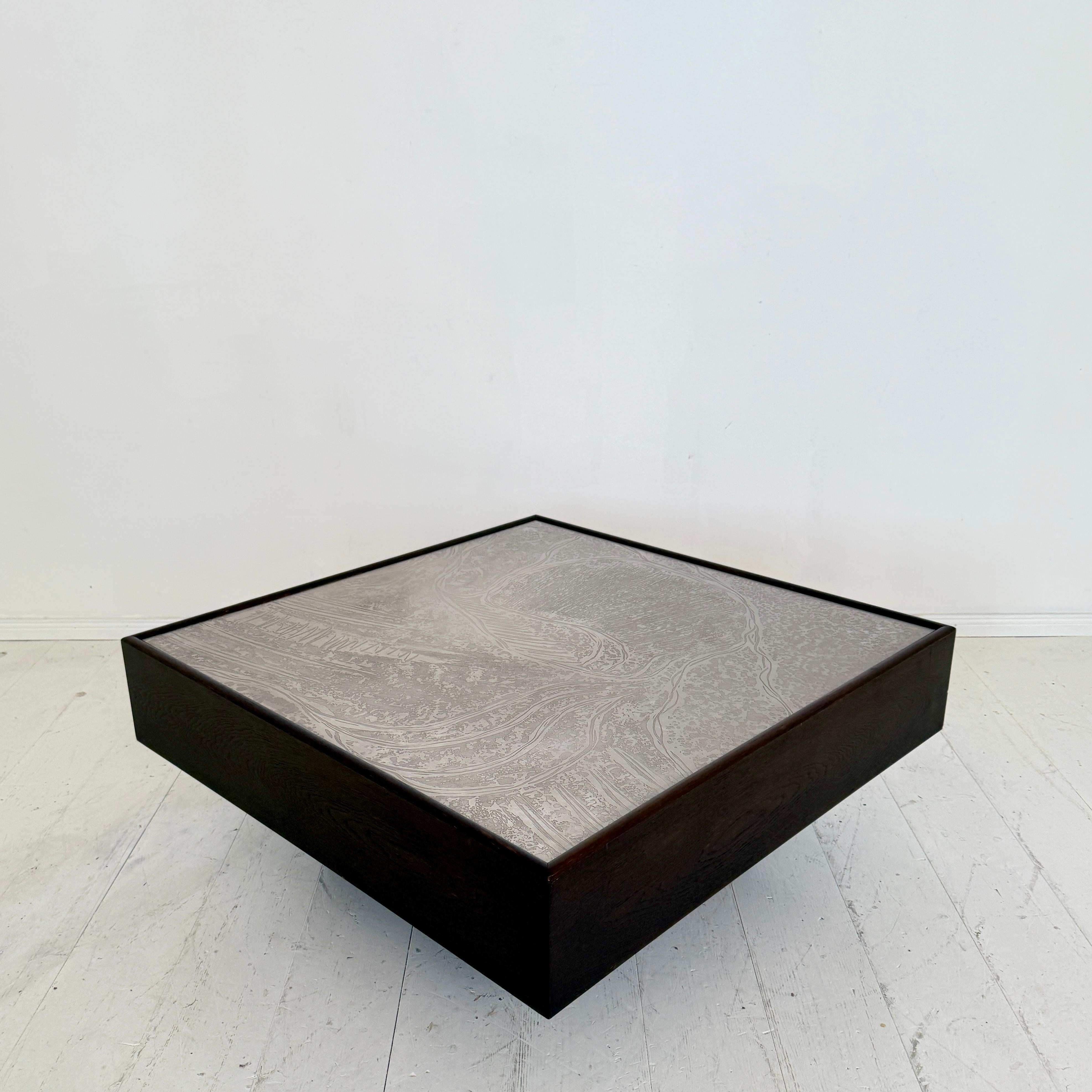 German 1970s Mid-Century Coffee Table by Lilienthal in Dark Oak with Etched Metal Top For Sale