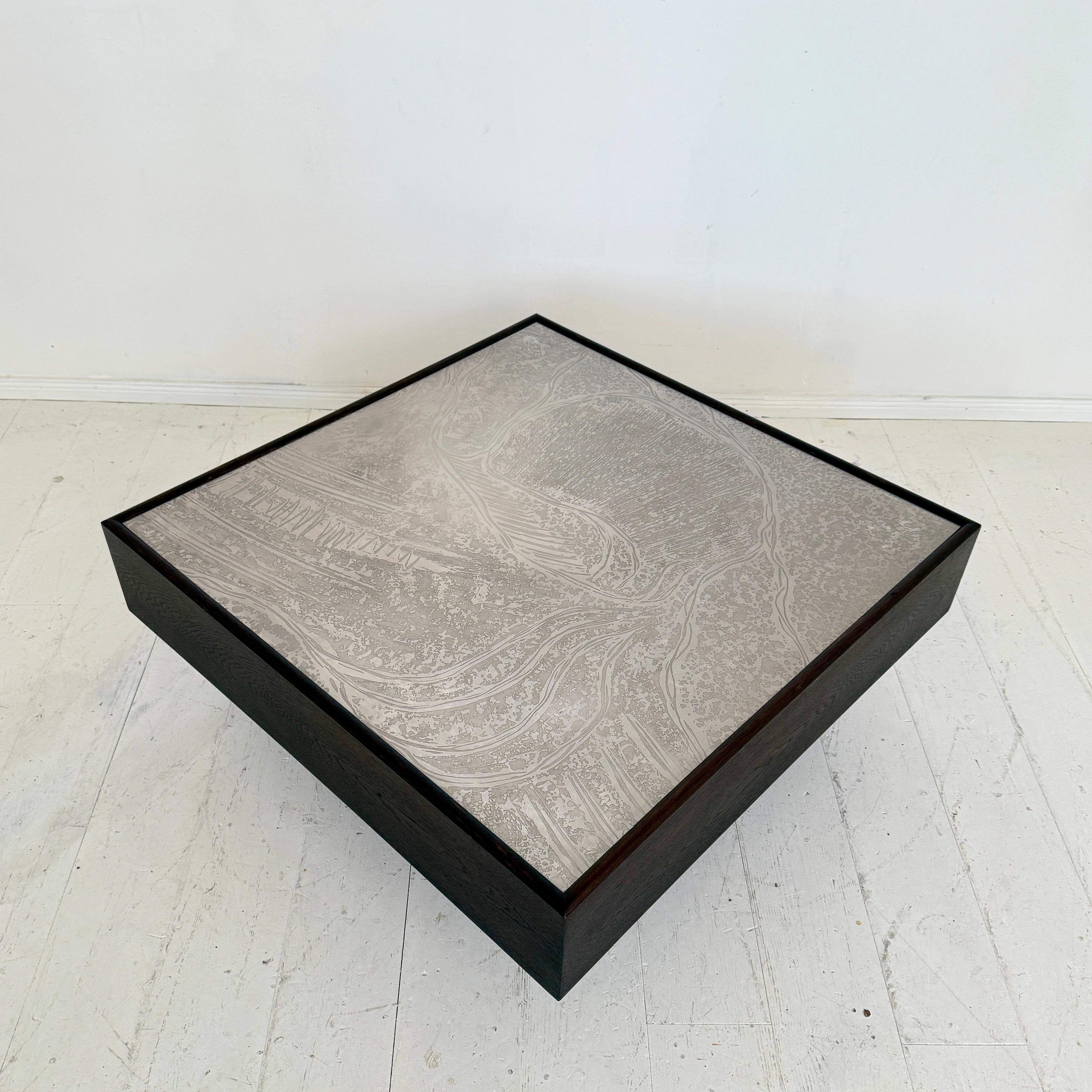 1970s Mid-Century Coffee Table by Lilienthal in Dark Oak with Etched Metal Top In Good Condition For Sale In Berlin, DE